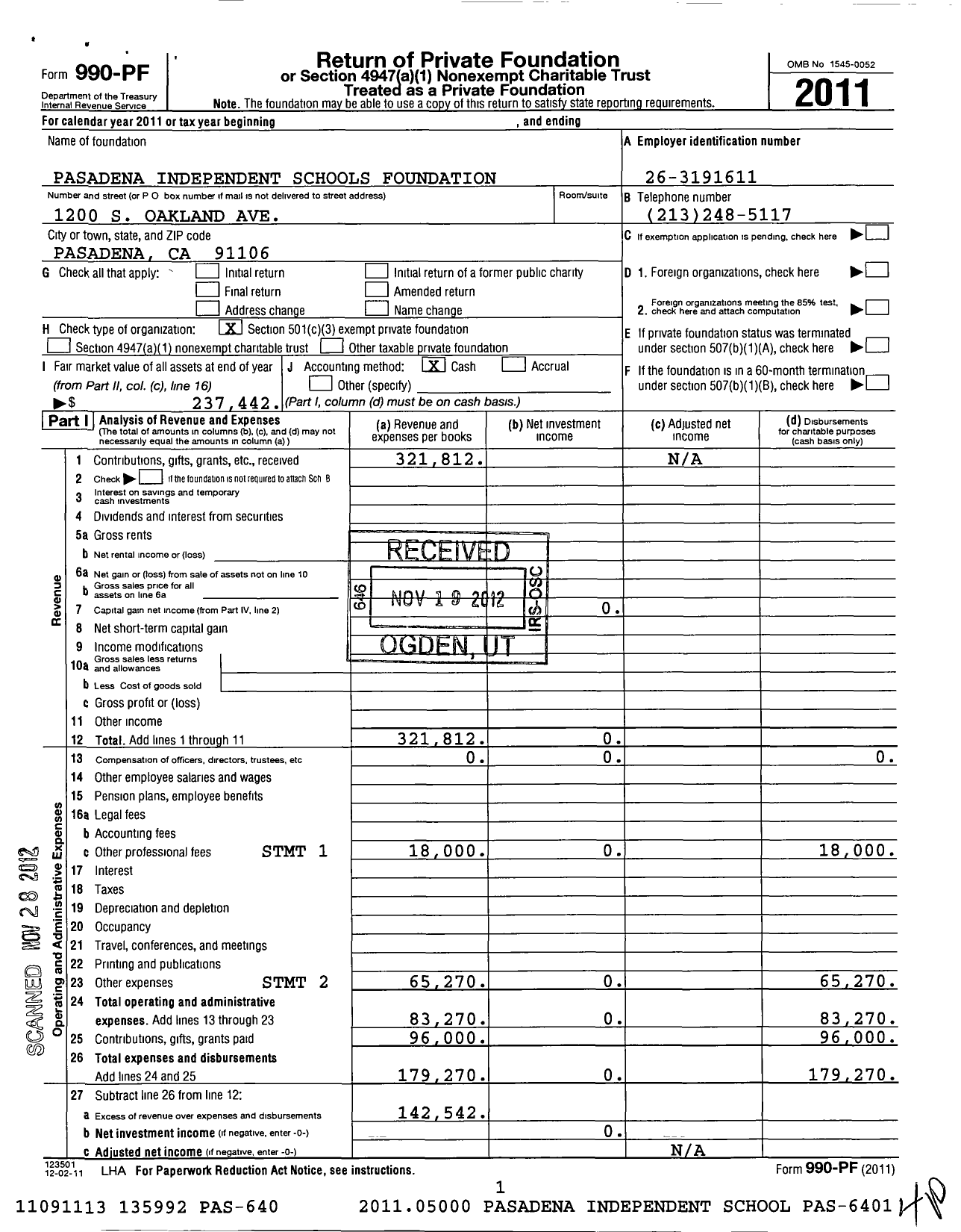 Image of first page of 2011 Form 990PF for Pasadena Independent Schools Foundation