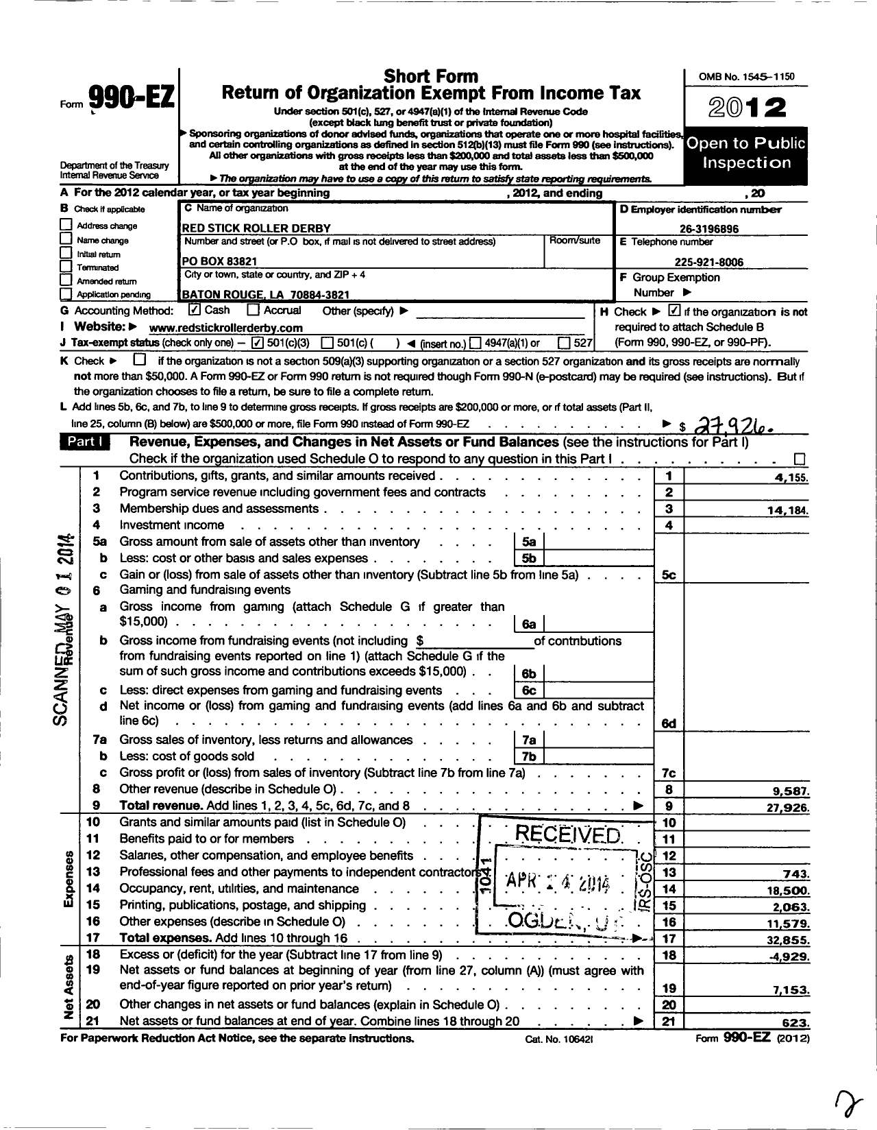 Image of first page of 2012 Form 990EZ for Red Stick Roller Derby