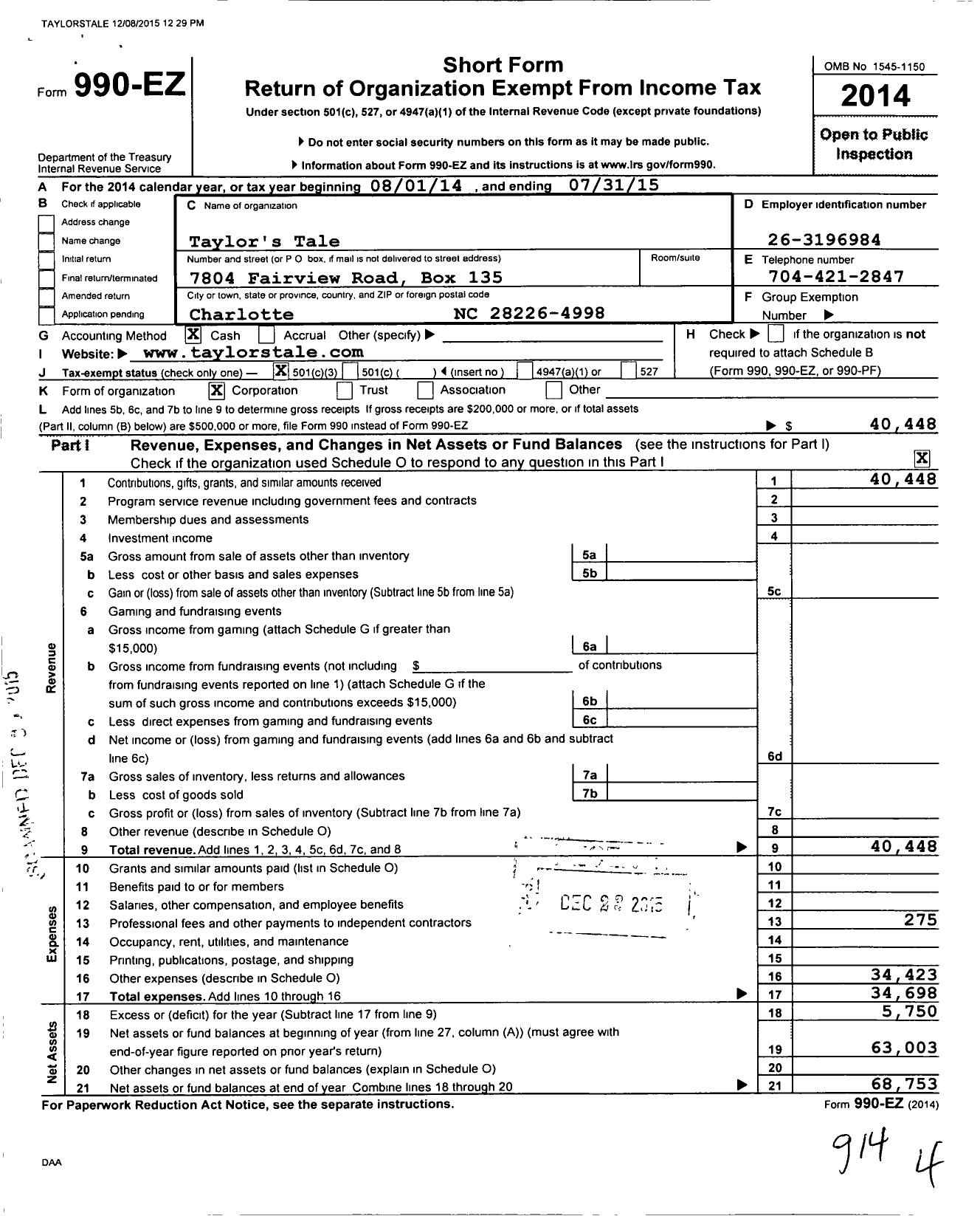 Image of first page of 2014 Form 990EZ for Taylors Tale