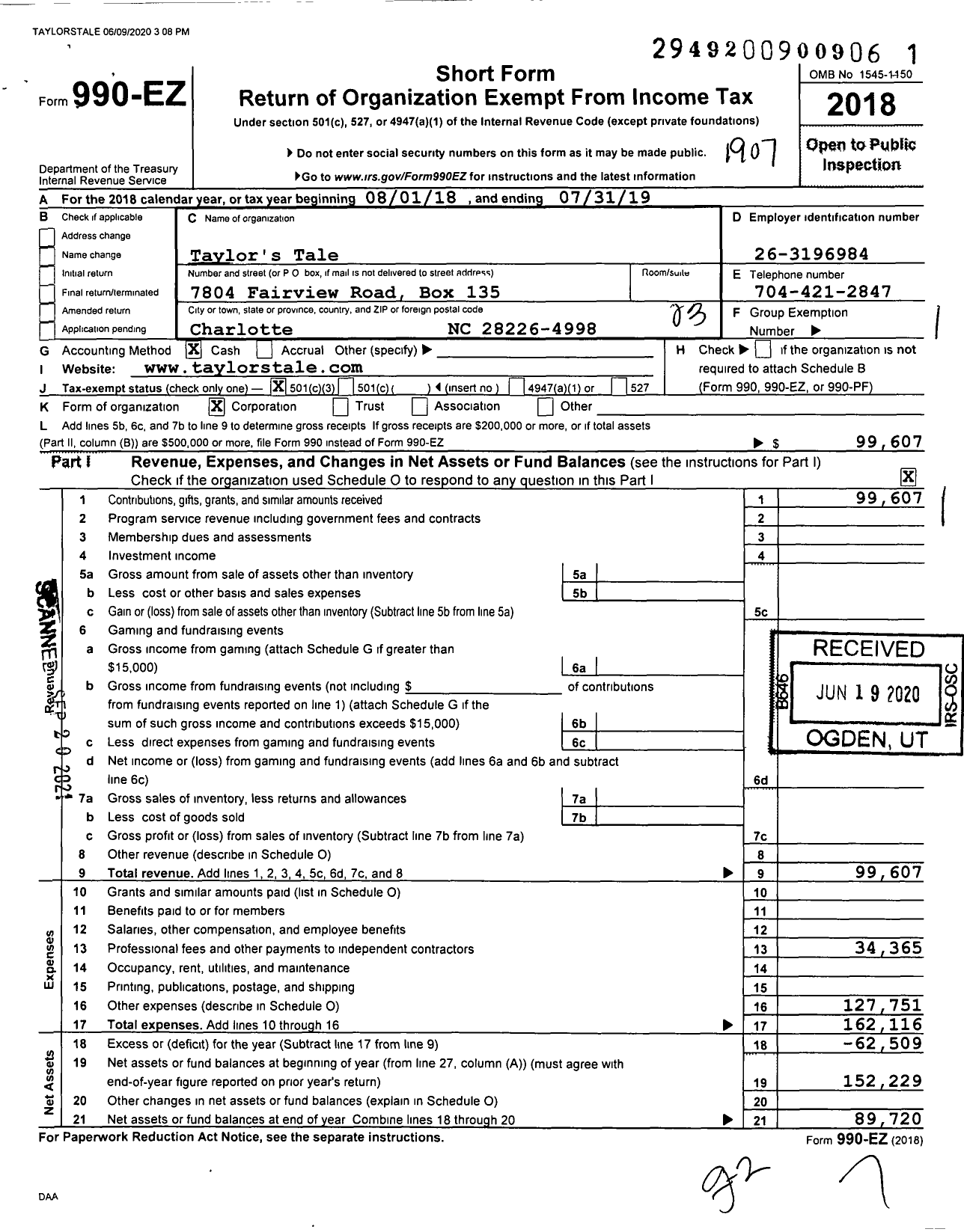 Image of first page of 2018 Form 990EZ for Taylors Tale