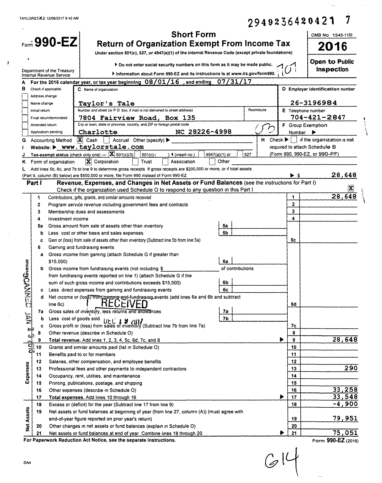 Image of first page of 2016 Form 990EZ for Taylors Tale