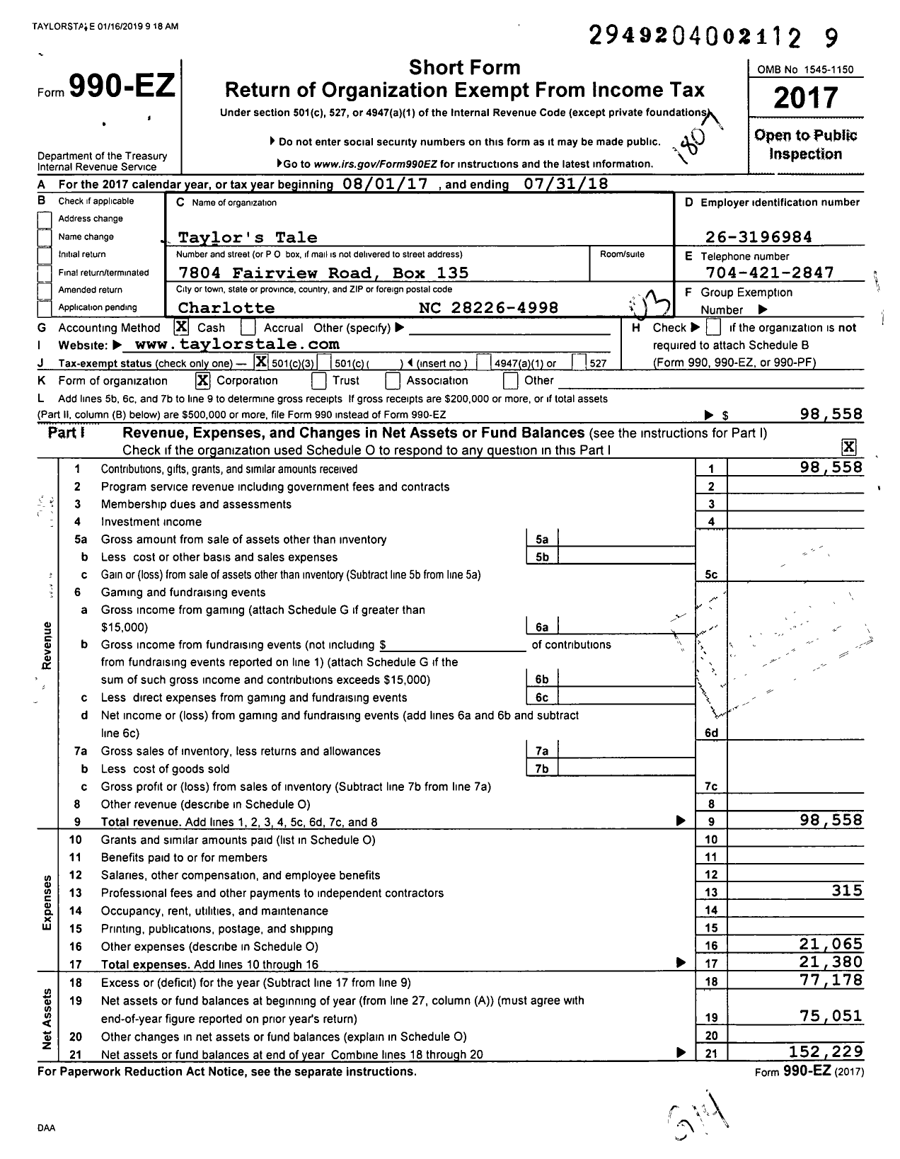 Image of first page of 2017 Form 990EZ for Taylors Tale