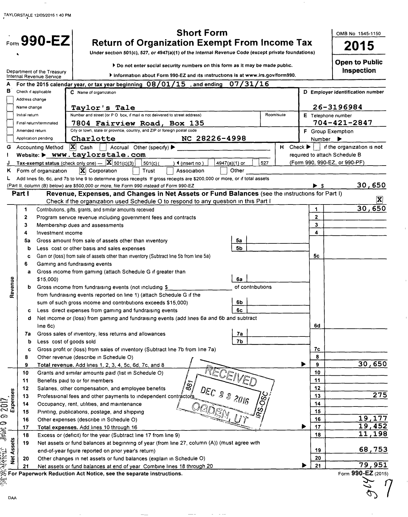 Image of first page of 2015 Form 990EZ for Taylors Tale