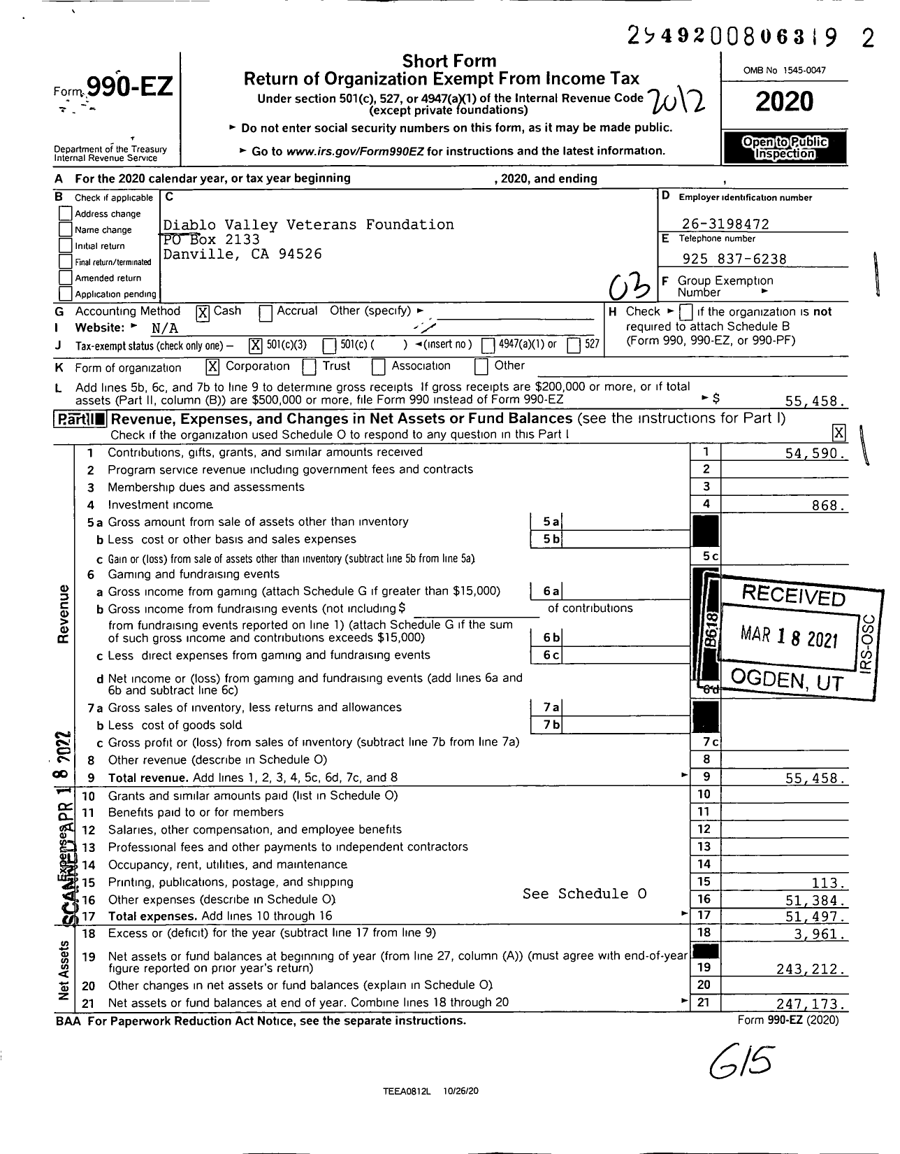 Image of first page of 2020 Form 990EZ for Diablo Valley Veterans Foundation