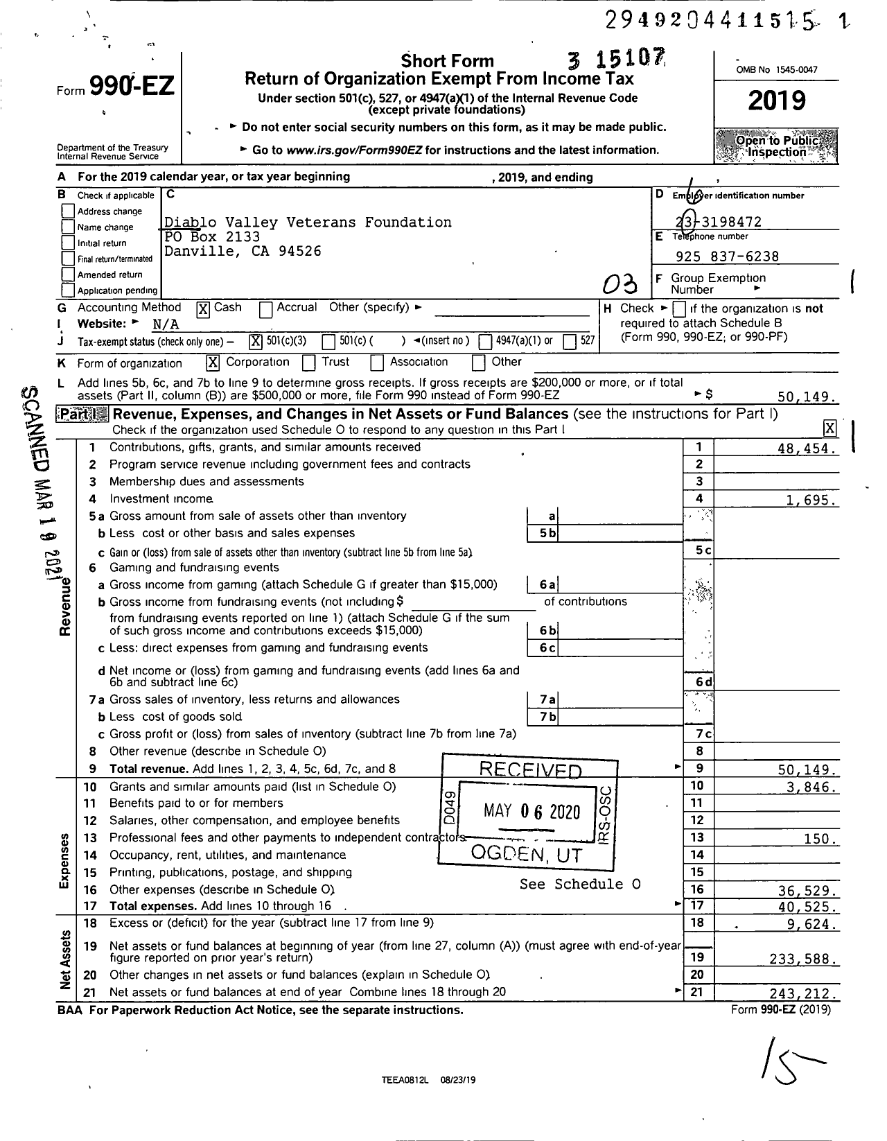 Image of first page of 2019 Form 990EZ for Diablo Valley Veterans Foundation