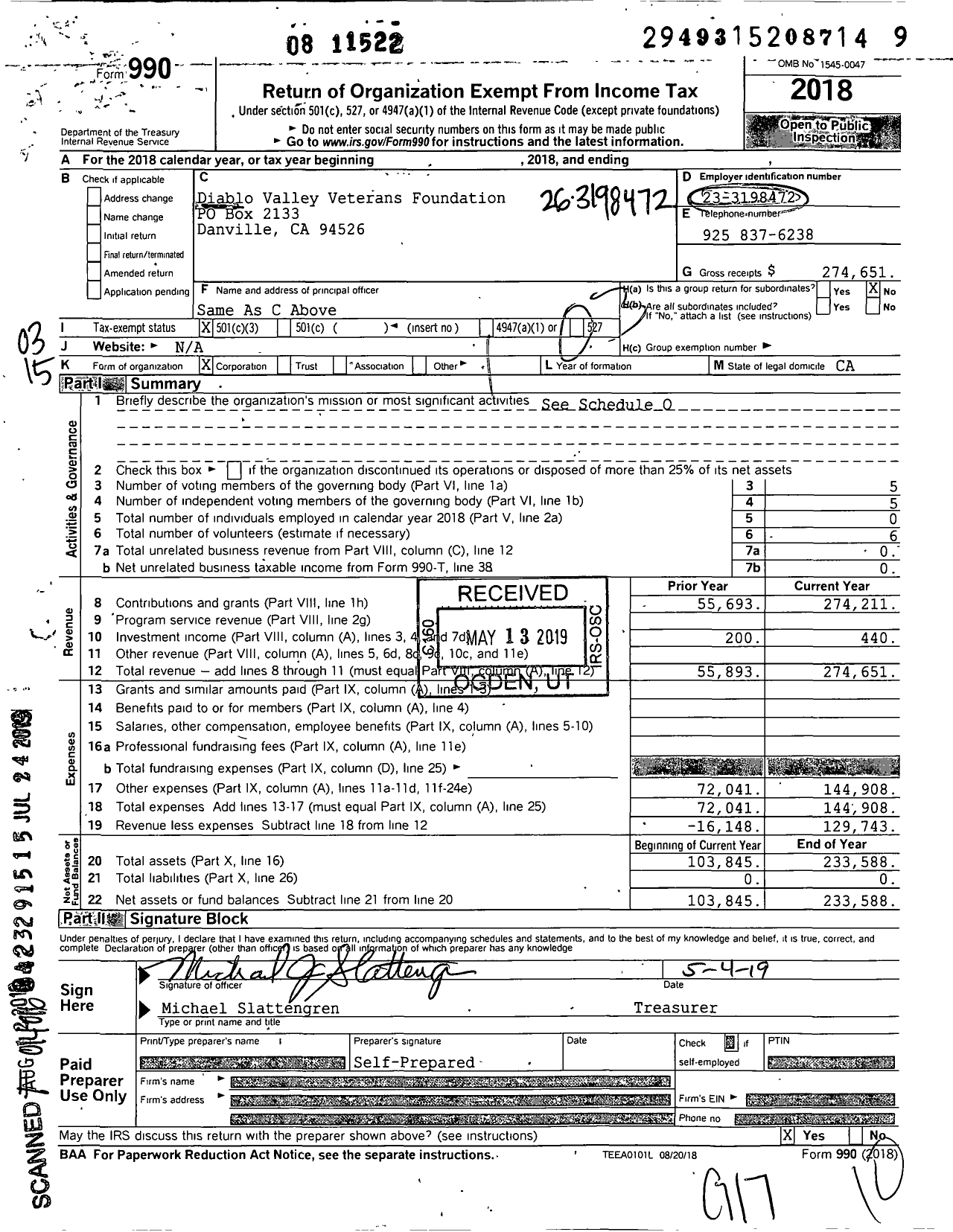 Image of first page of 2018 Form 990 for Diablo Valley Veterans Foundation