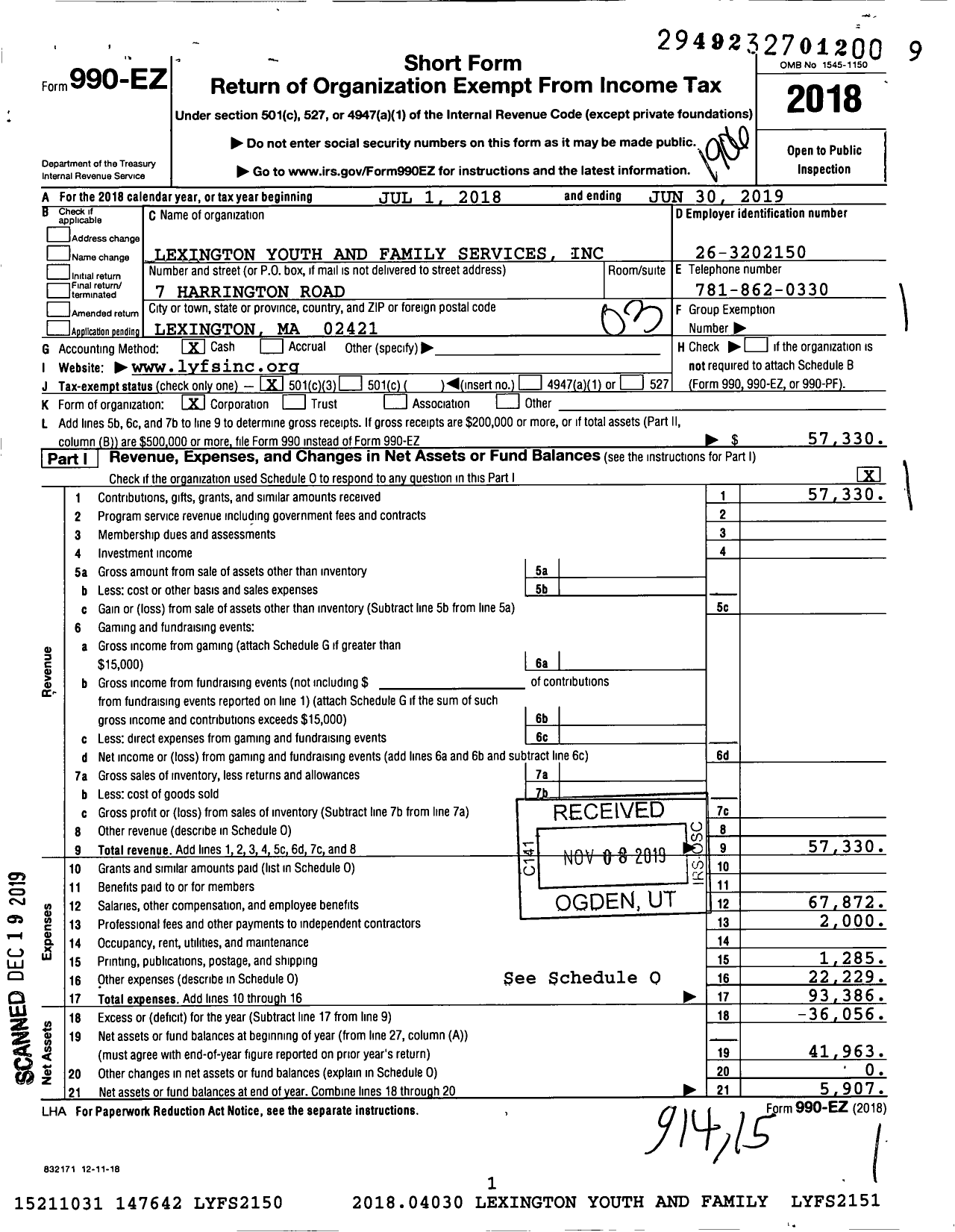 Image of first page of 2018 Form 990EZ for Youth Counseling Connection