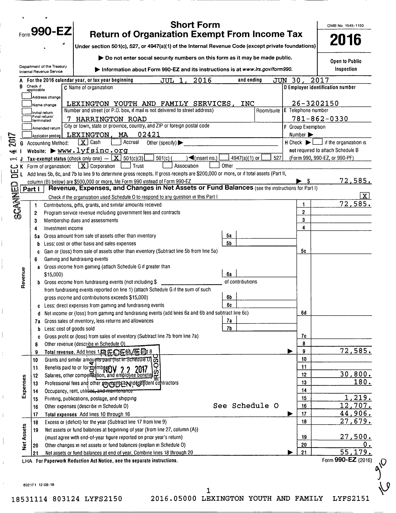 Image of first page of 2016 Form 990EZ for Youth Counseling Connection