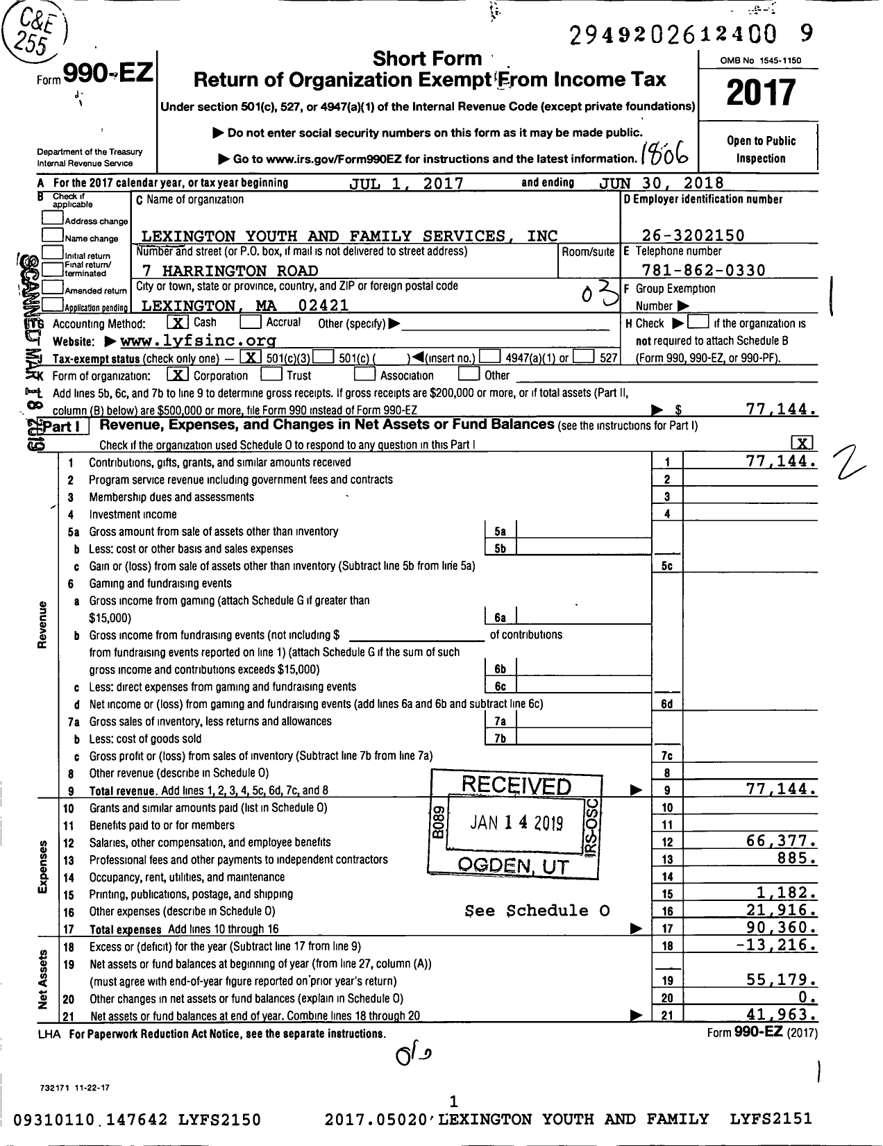 Image of first page of 2017 Form 990EZ for Youth Counseling Connection