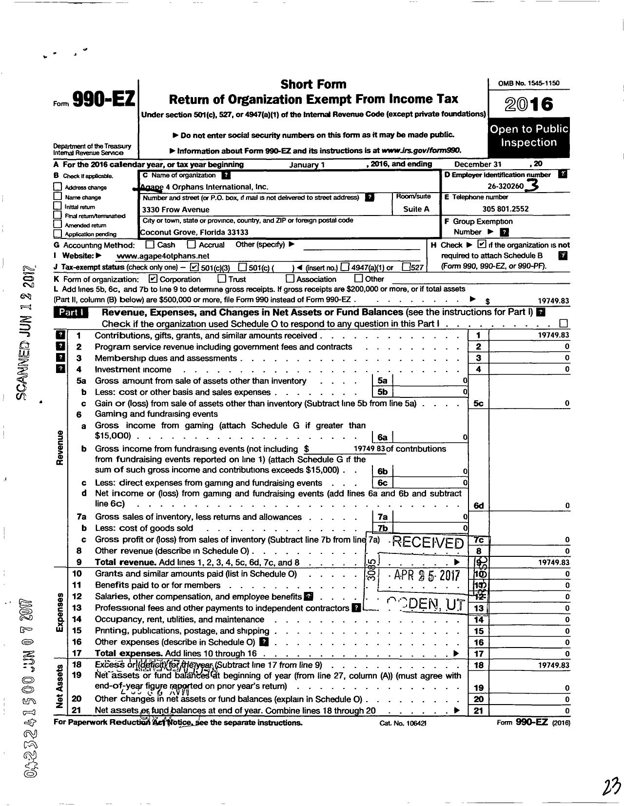 Image of first page of 2016 Form 990EZ for Agape 4 Orphans International