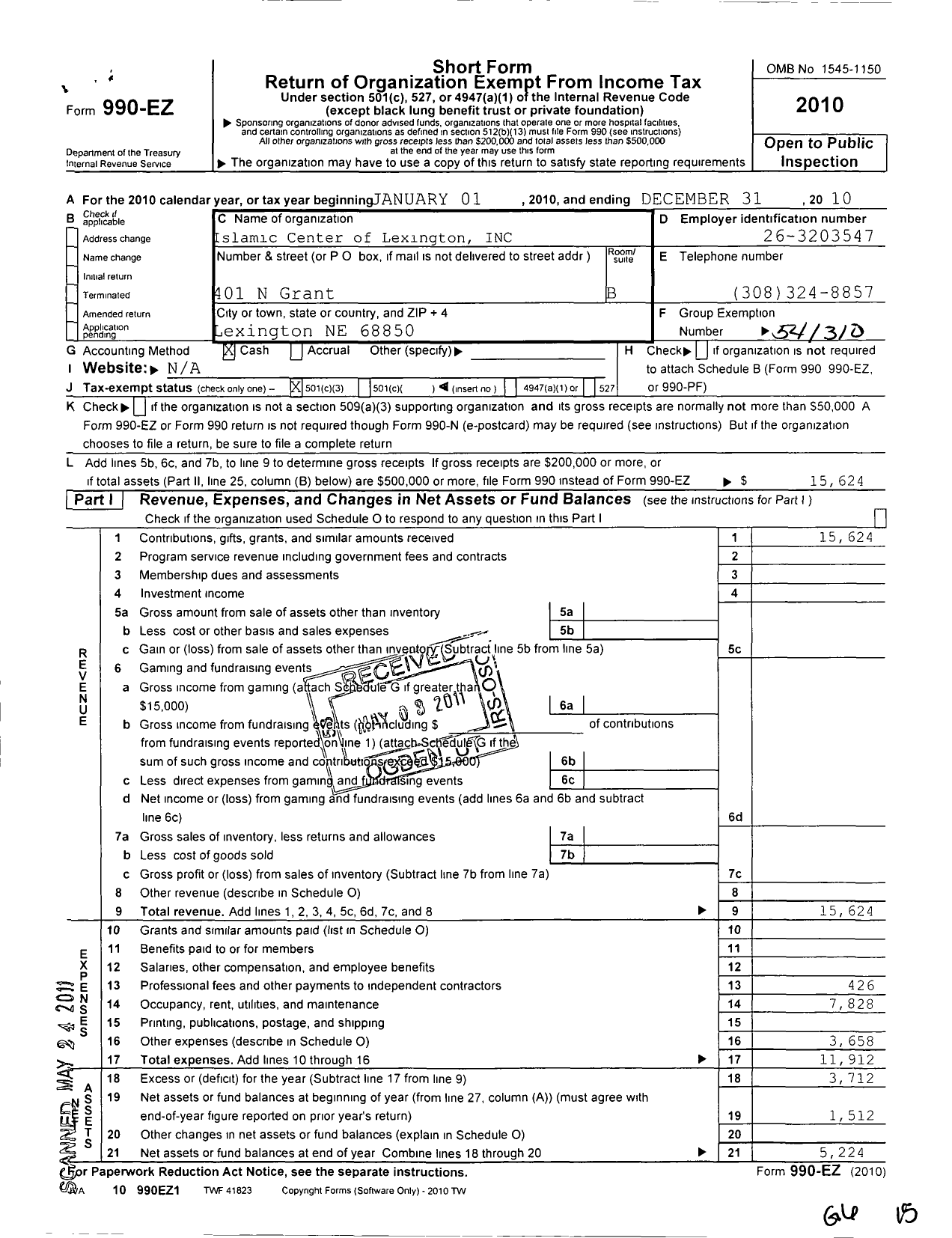 Image of first page of 2010 Form 990EZ for Islamic Center of Lexington