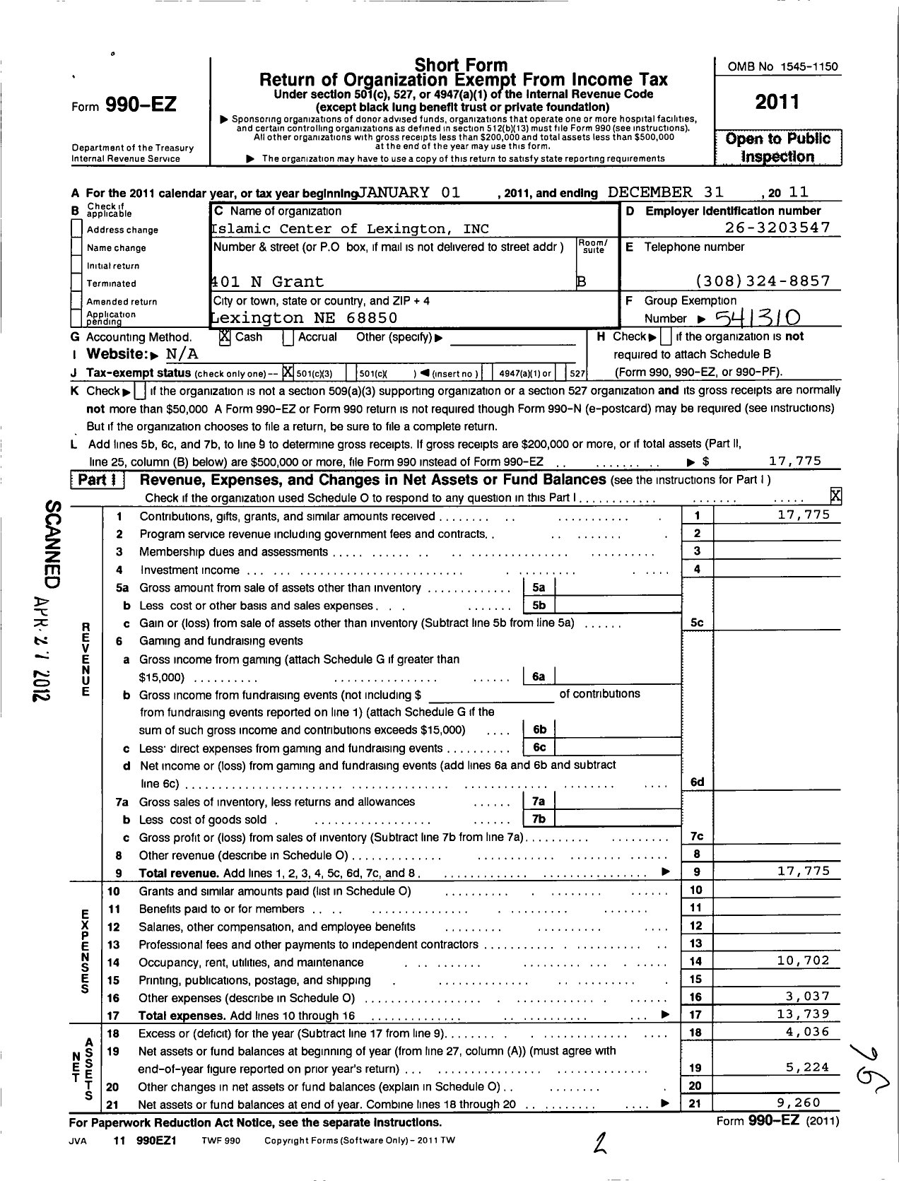 Image of first page of 2011 Form 990EZ for Islamic Center of Lexington