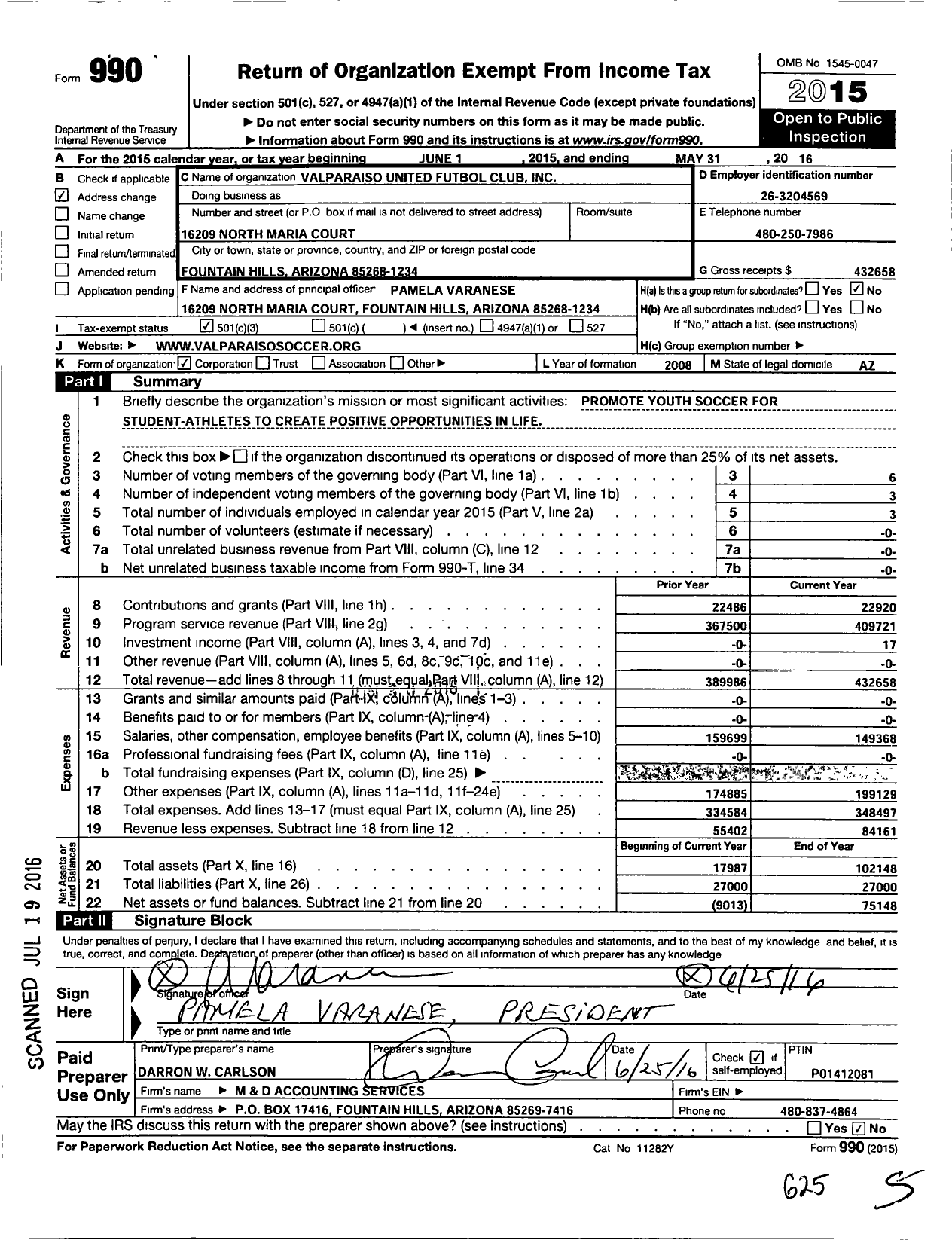 Image of first page of 2015 Form 990 for Valparaiso United Futbol Club