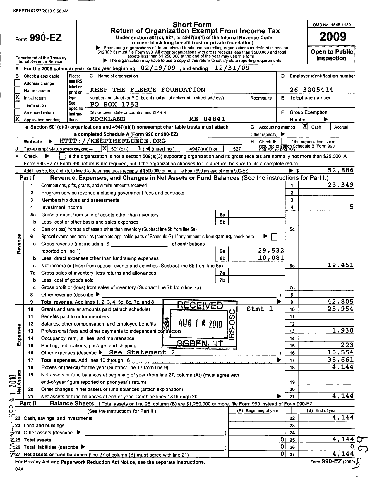 Image of first page of 2009 Form 990EZ for Keep the Fleece