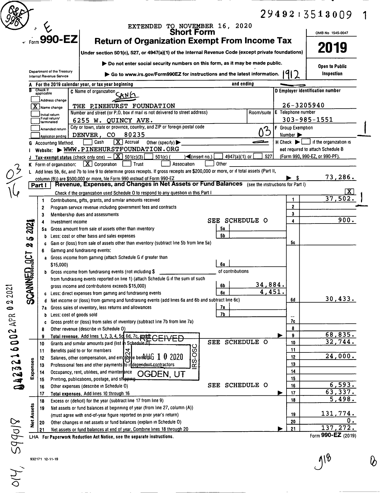 Image of first page of 2019 Form 990EZ for The Pinehurst Foundation