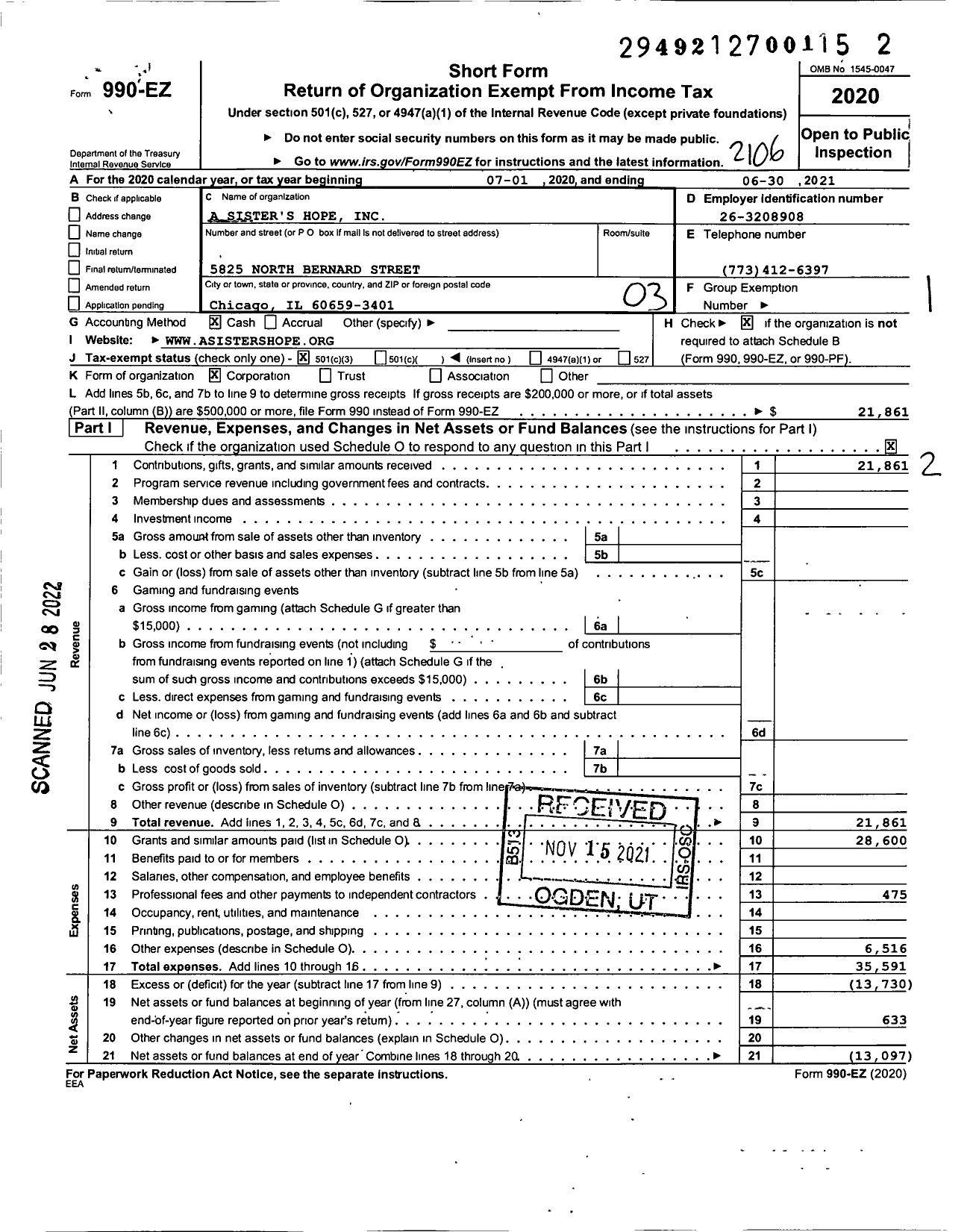 Image of first page of 2020 Form 990EZ for A Sisters Hope