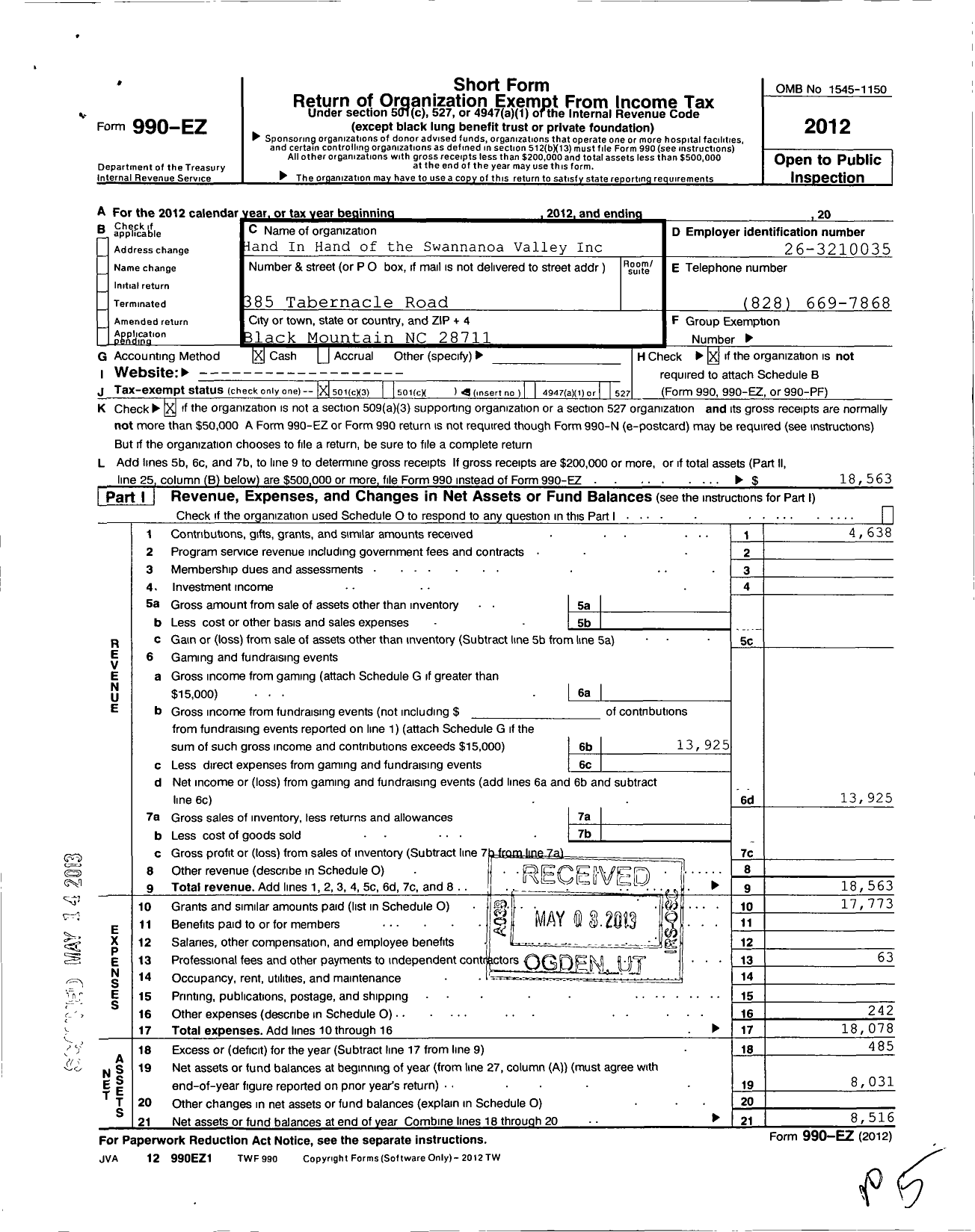 Image of first page of 2012 Form 990EZ for Hand in Hand of the Swannanoa Valley