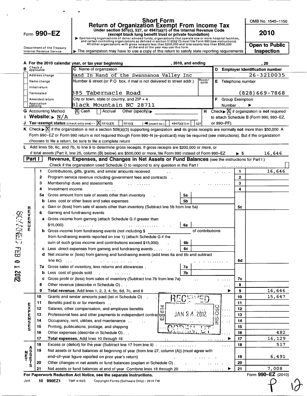 Image of first page of 2010 Form 990EZ for Hand in Hand of the Swannanoa Valley