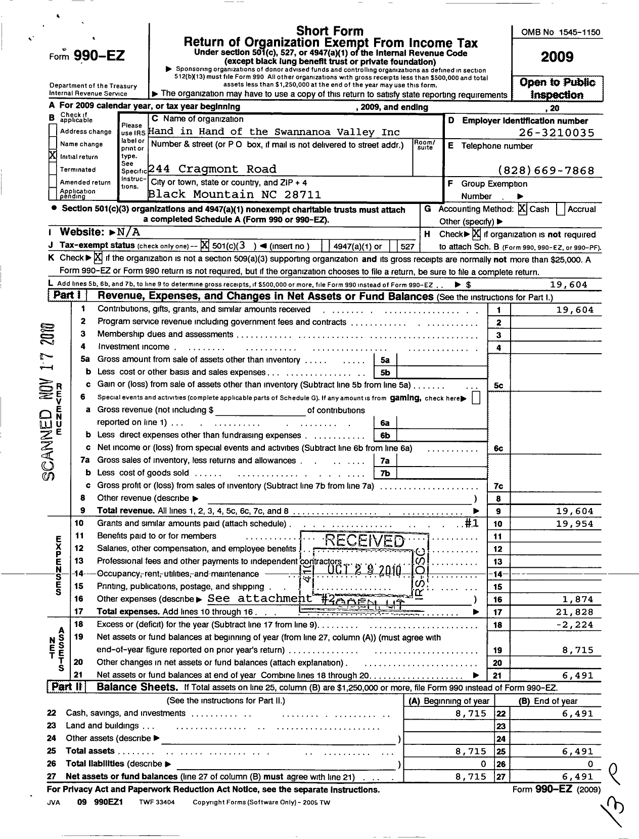 Image of first page of 2009 Form 990EZ for Hand in Hand of the Swannanoa Valley