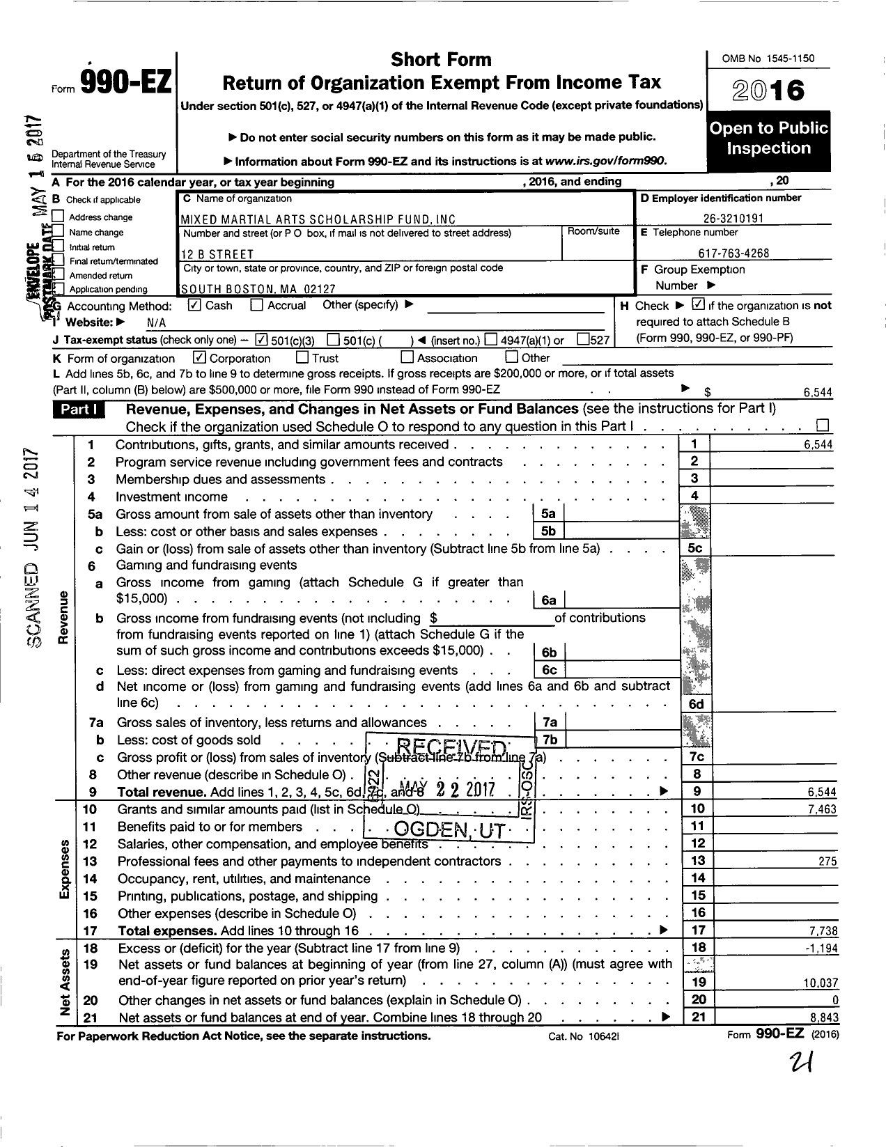 Image of first page of 2016 Form 990EZ for Mixed Martial Arts Scholarship Fund