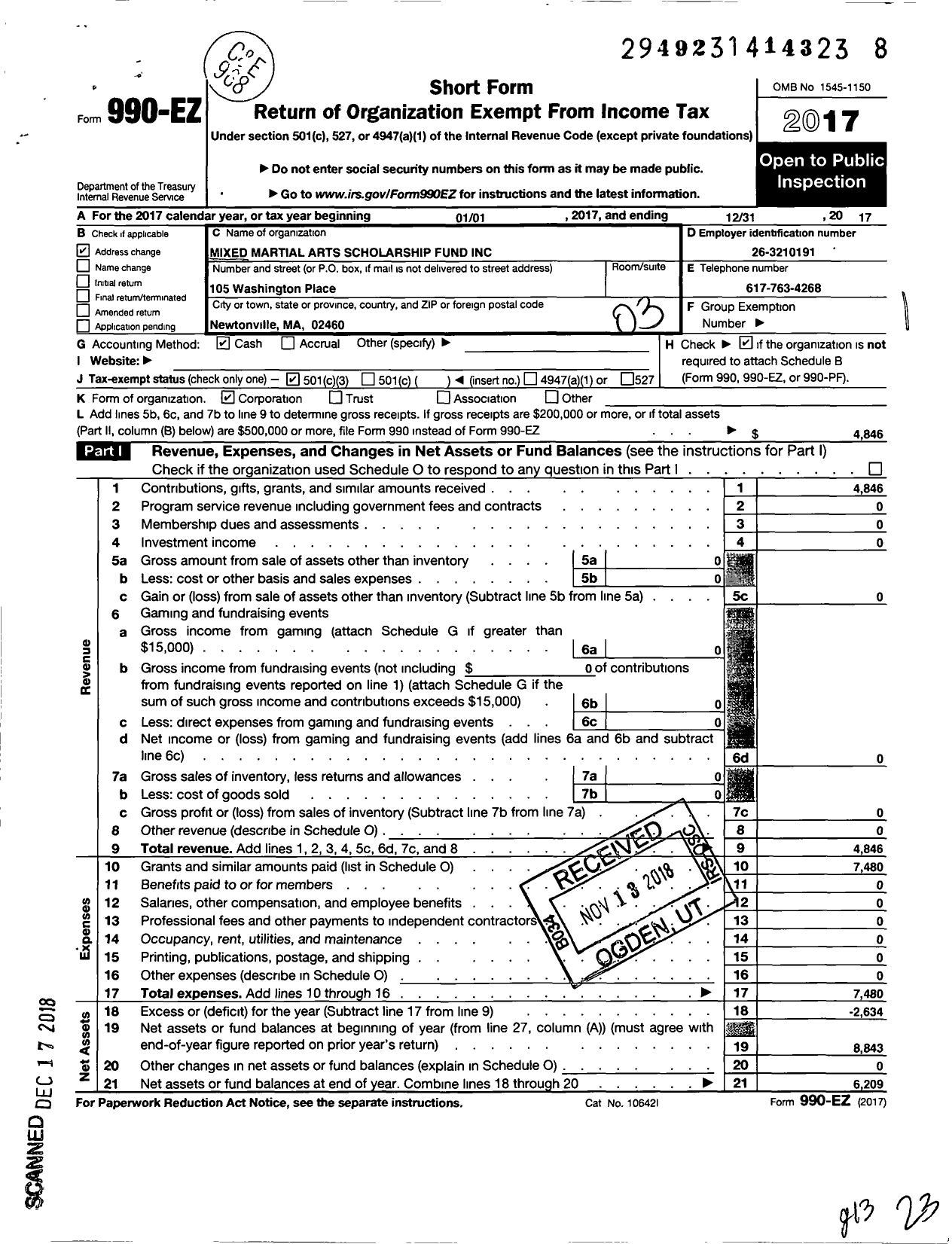 Image of first page of 2017 Form 990EZ for Mixed Martial Arts Scholarship Fund