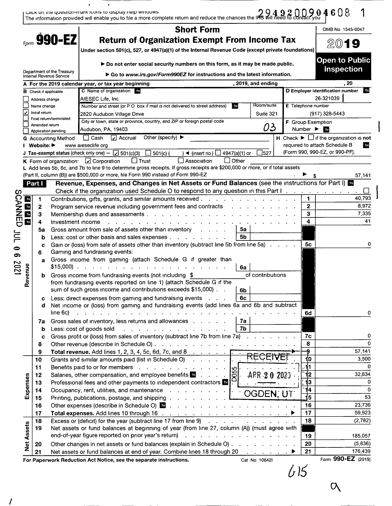 Image of first page of 2019 Form 990EZ for Aiesec Life