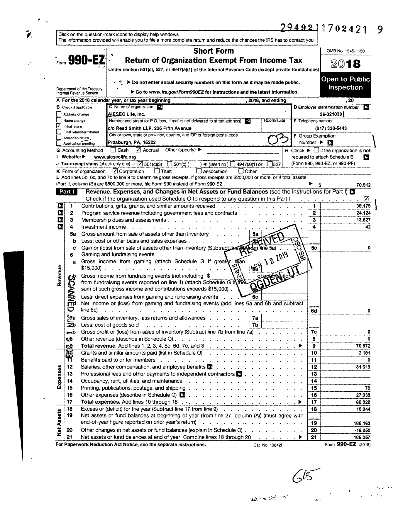 Image of first page of 2018 Form 990EZ for Aiesec Life