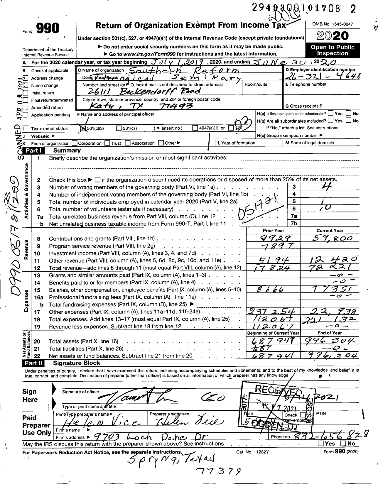 Image of first page of 2019 Form 990 for Southern Reformed Theological Seminary