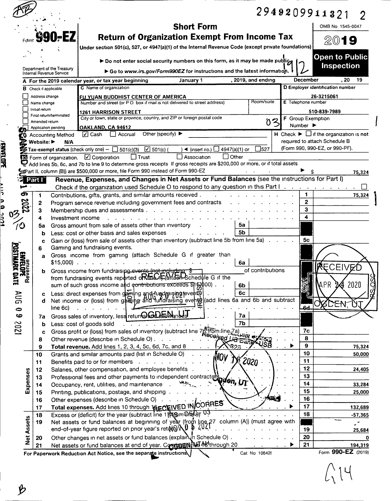 Image of first page of 2019 Form 990EZ for Fu Yuan Buddhist Center of America