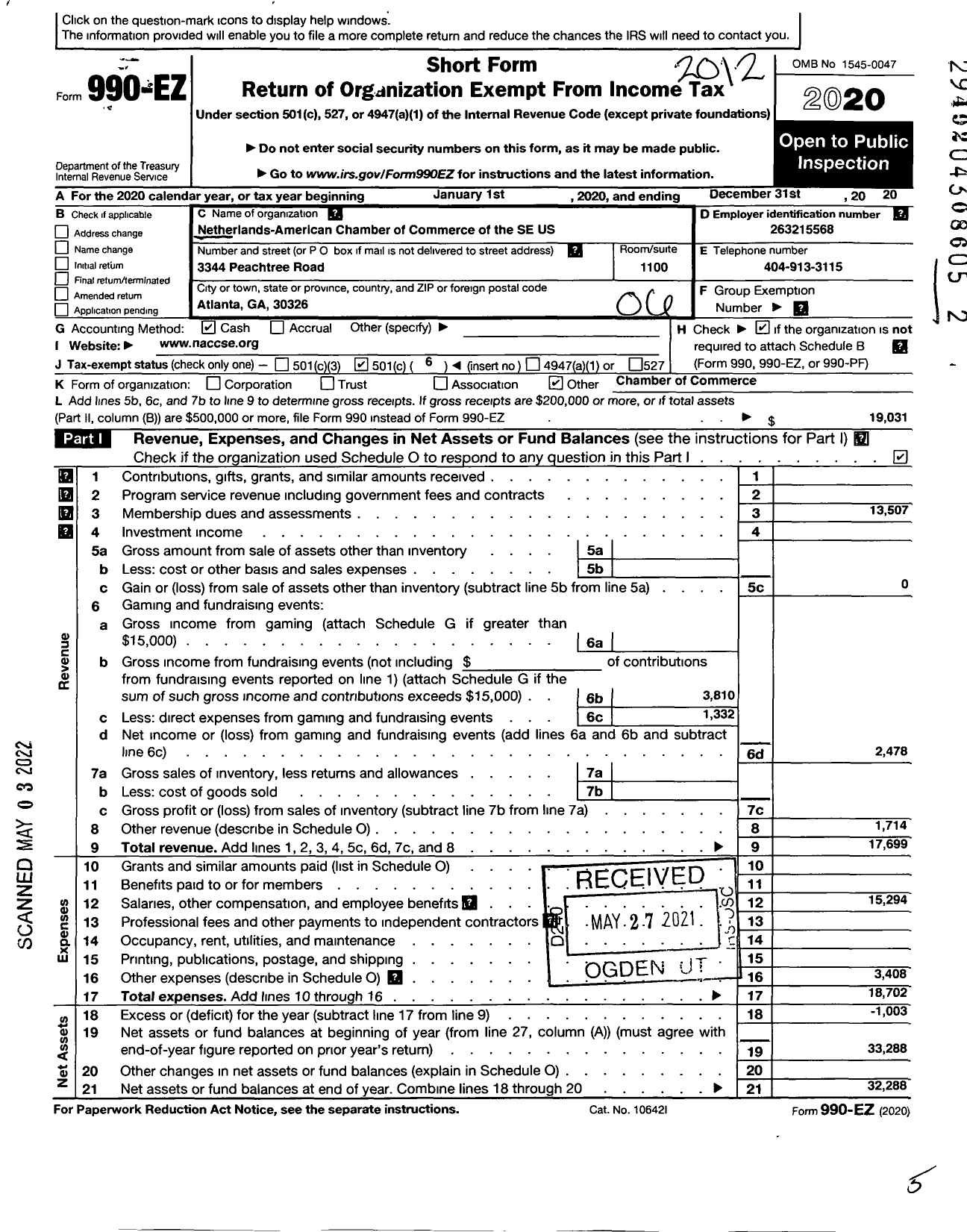 Image of first page of 2020 Form 990EO for Netherlands-American Chamber of Commerce of the Southeastern US