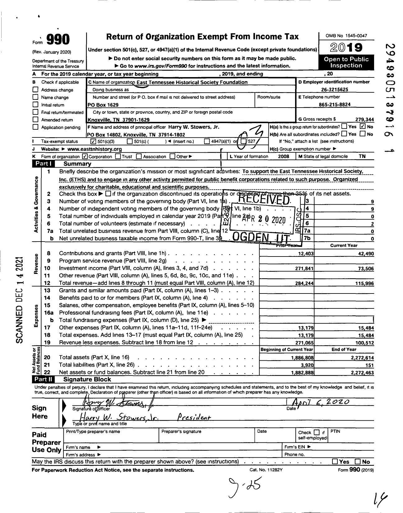 Image of first page of 2019 Form 990 for East Tennessee Historical Society Foundation