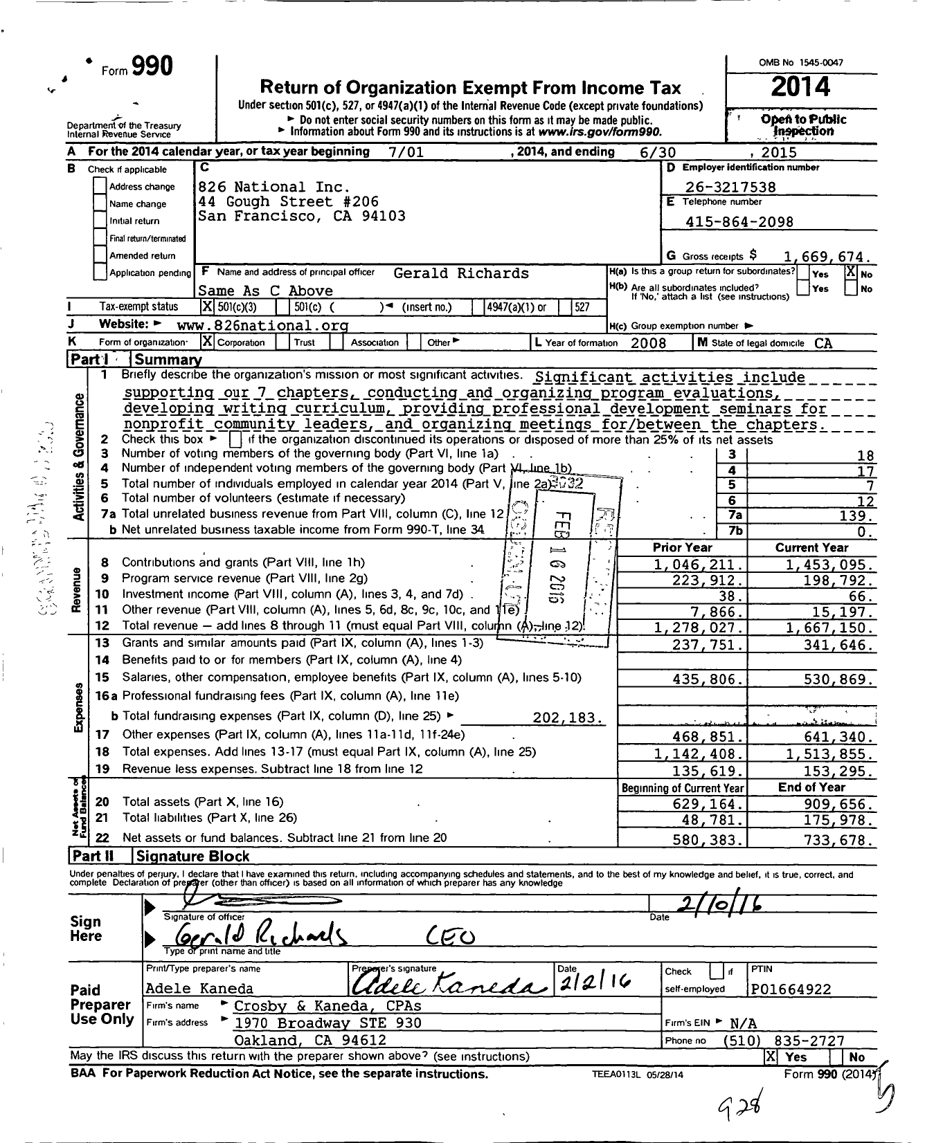 Image of first page of 2014 Form 990 for 826 National
