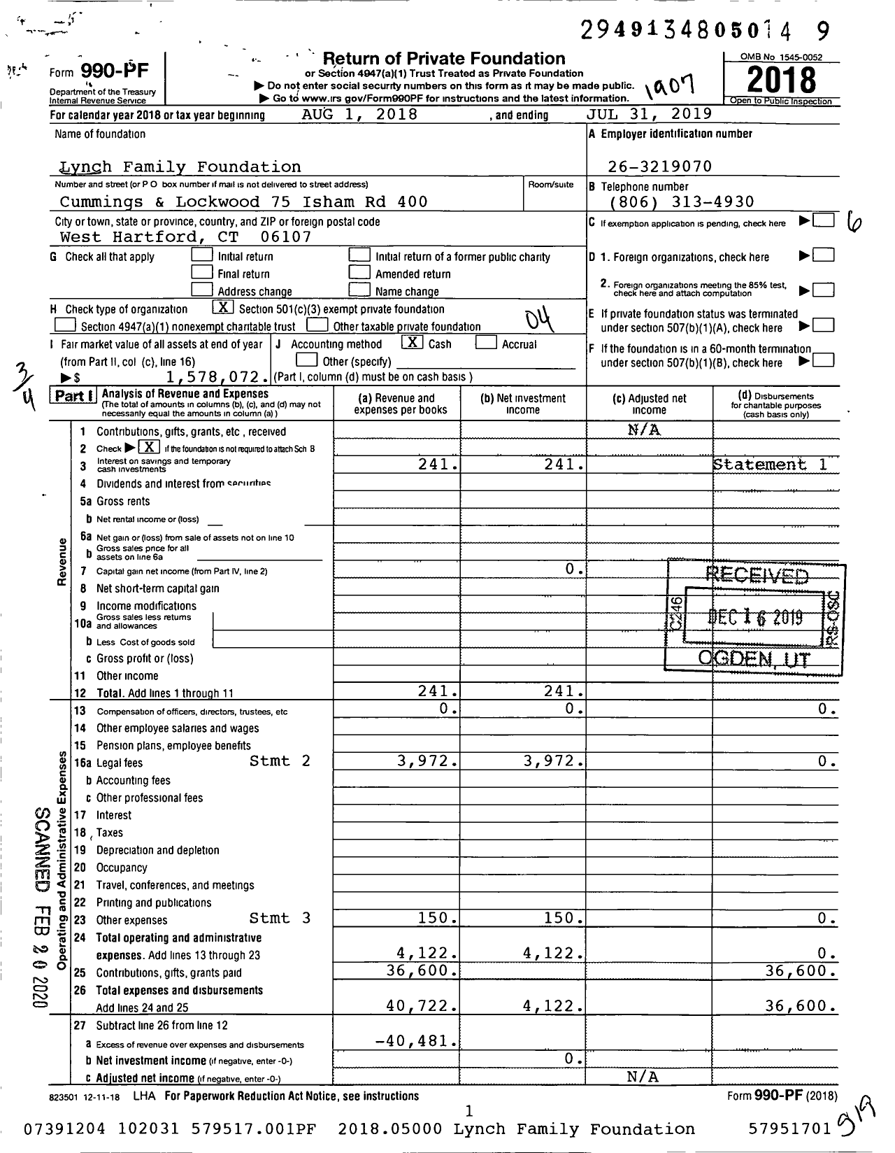 Image of first page of 2018 Form 990PF for Lynch Family Foundation
