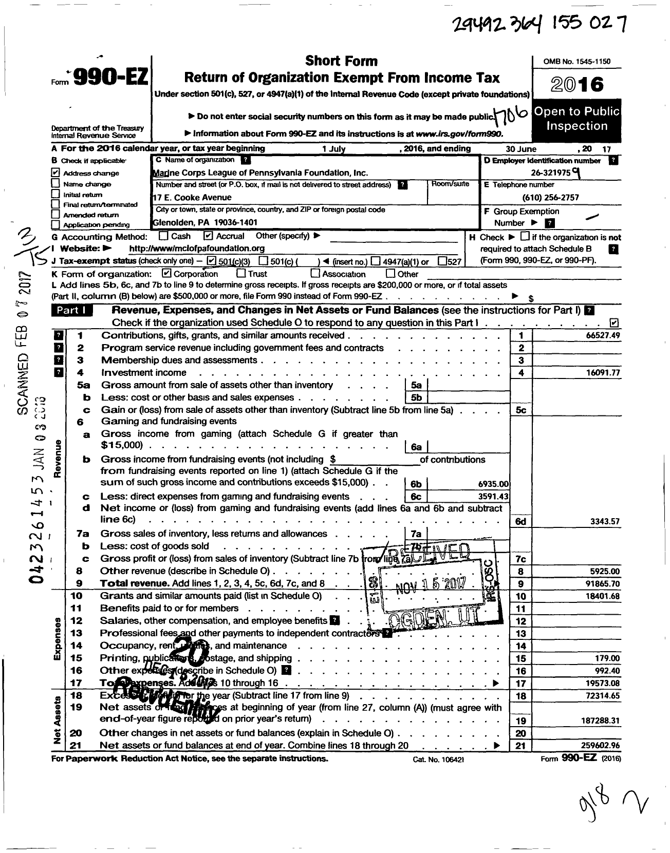 Image of first page of 2016 Form 990EZ for Marine Corps League of Pennsylvania Foundation