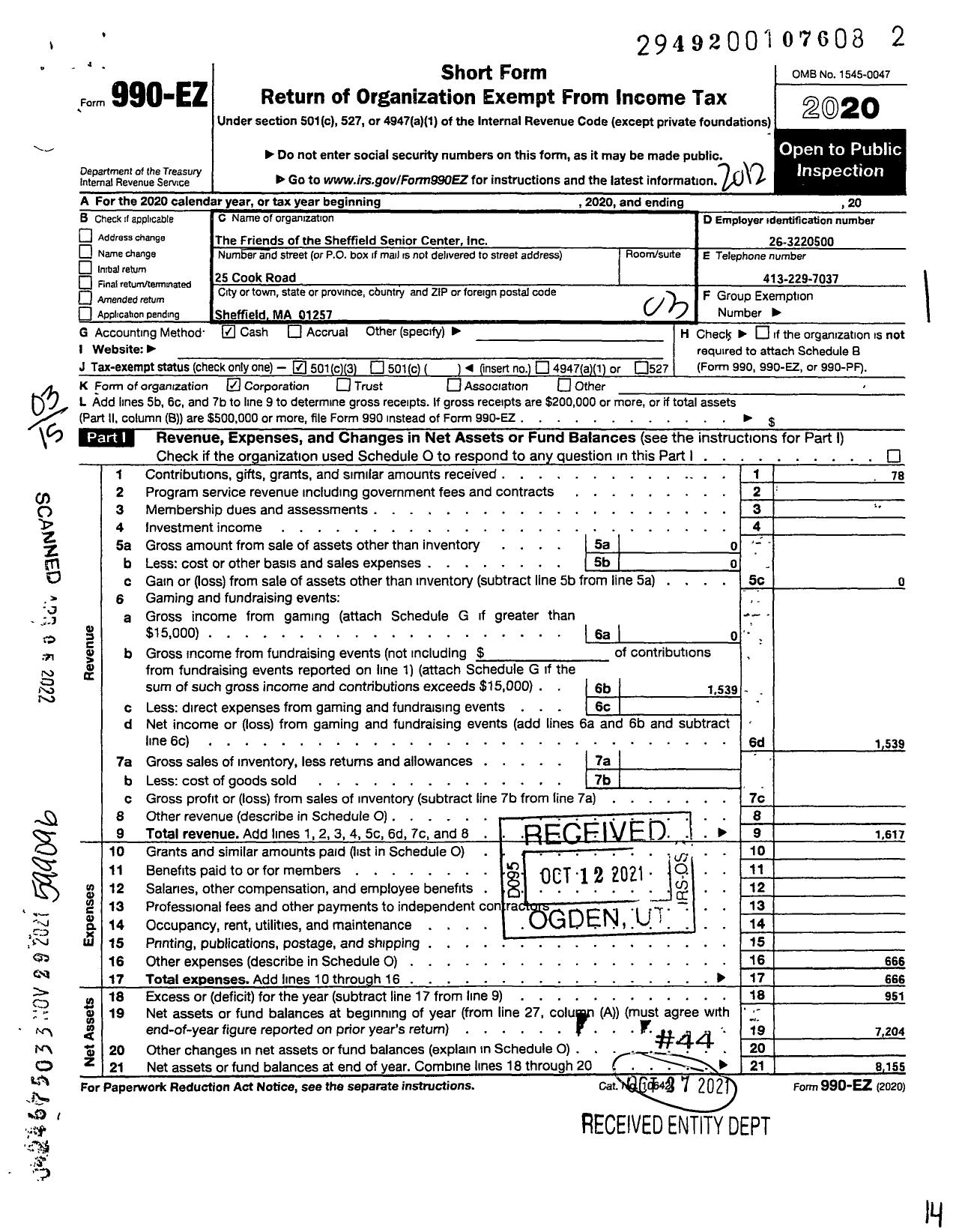 Image of first page of 2020 Form 990EZ for Friends of the Sheffield Senior Center