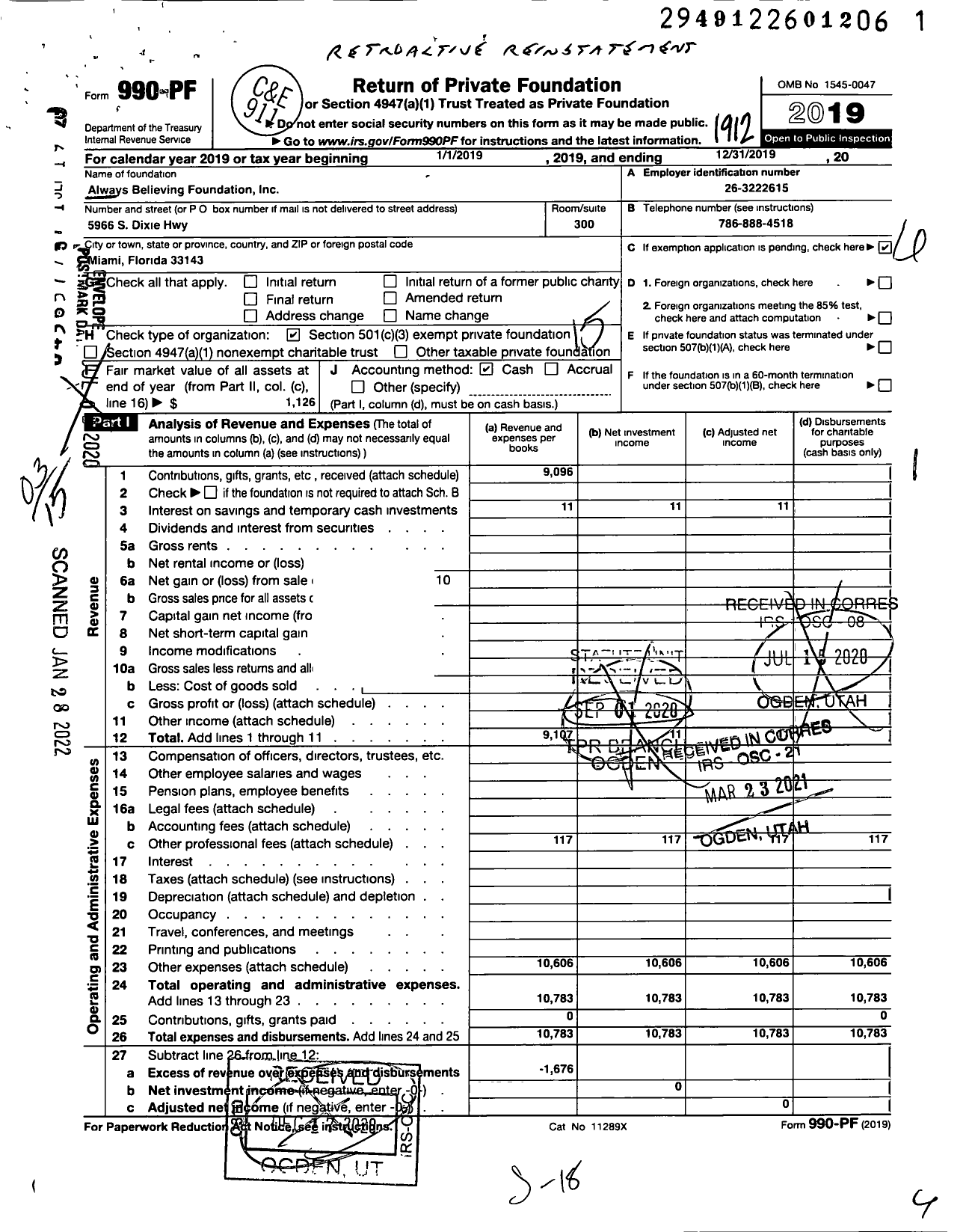 Image of first page of 2019 Form 990PF for Always Believing Foundation