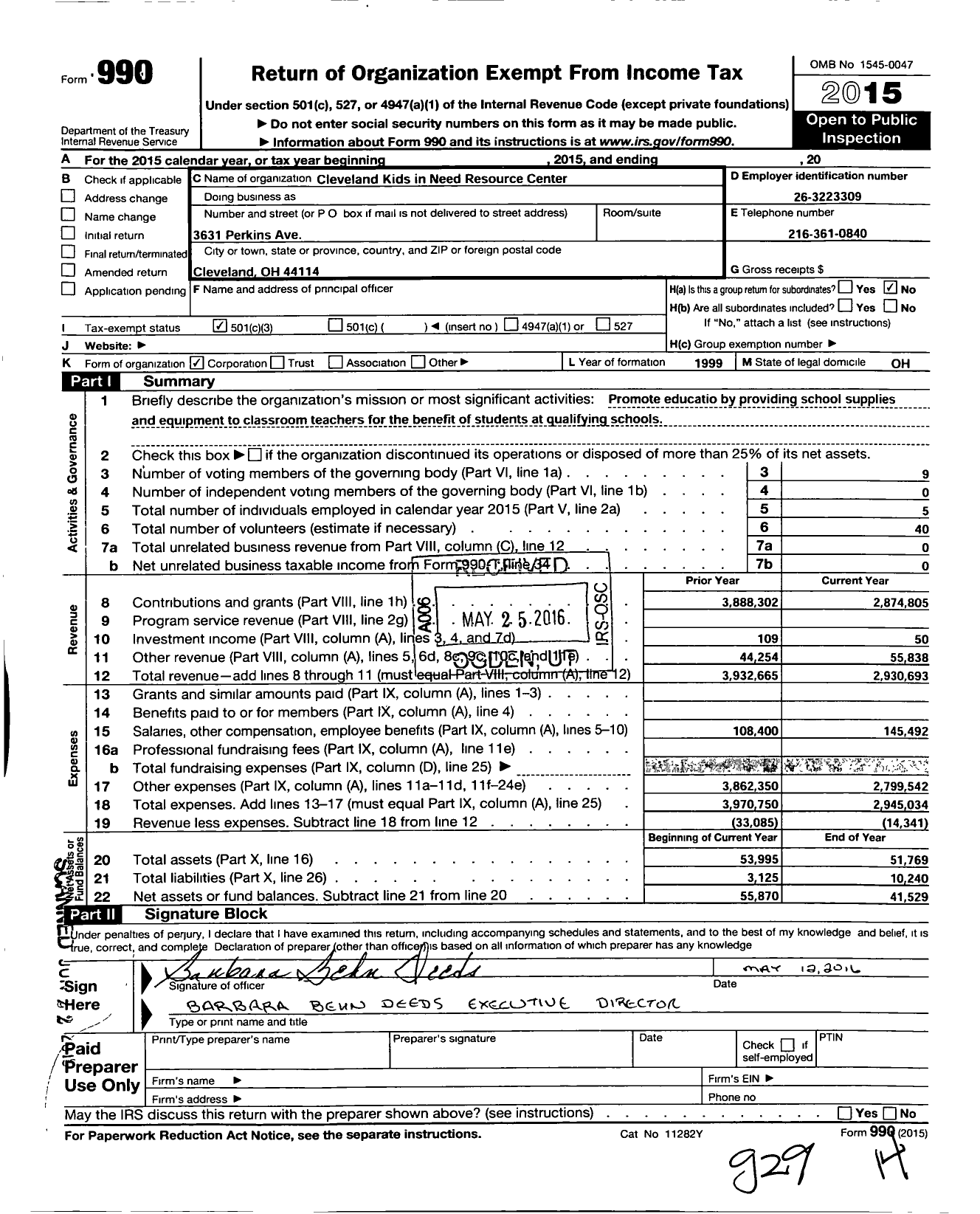 Image of first page of 2015 Form 990 for Cleveland Kids in Need Resource Center