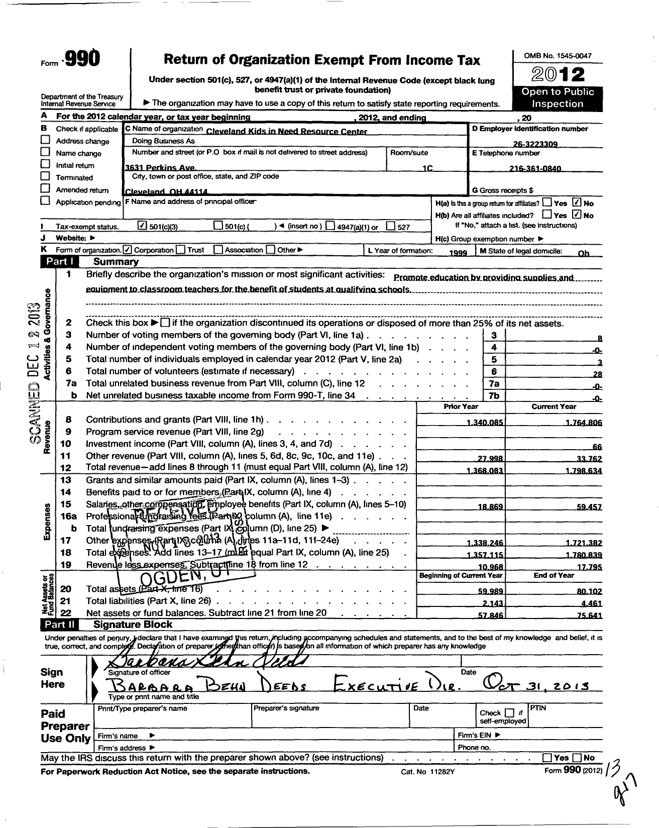 Image of first page of 2012 Form 990 for Cleveland Kids in Need Resource Center