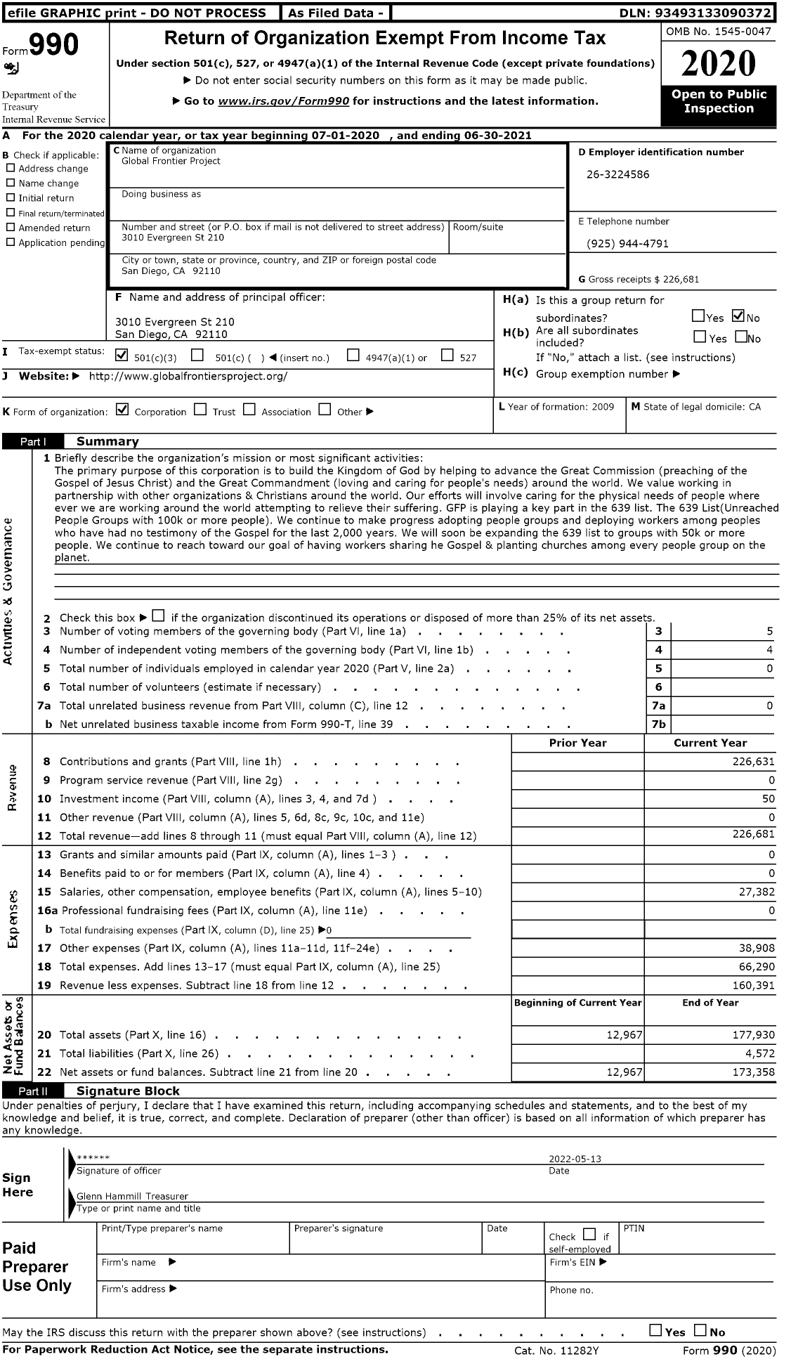 Image of first page of 2020 Form 990 for Global Frontier Project