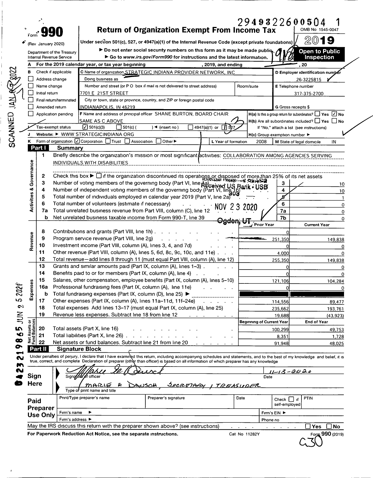 Image of first page of 2019 Form 990 for Strategic Indiana Provider Network