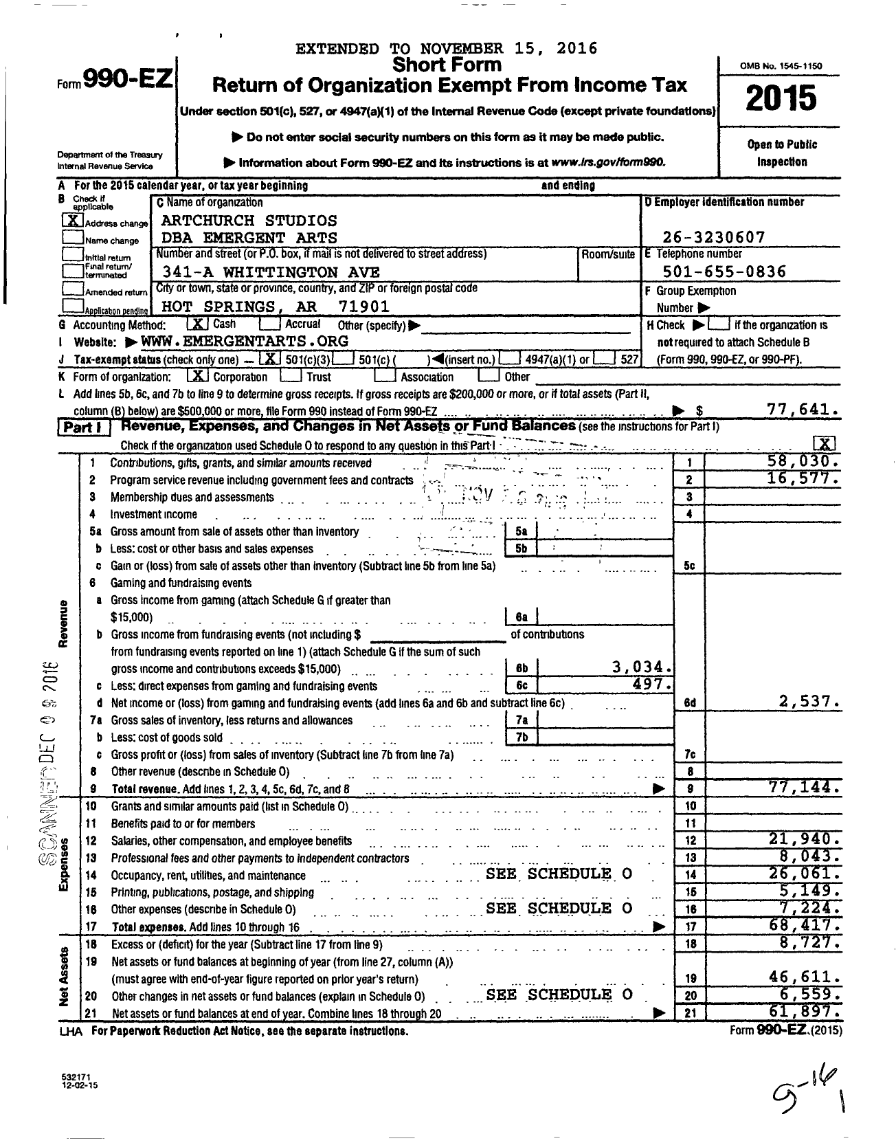 Image of first page of 2015 Form 990EZ for Artchurch Studio