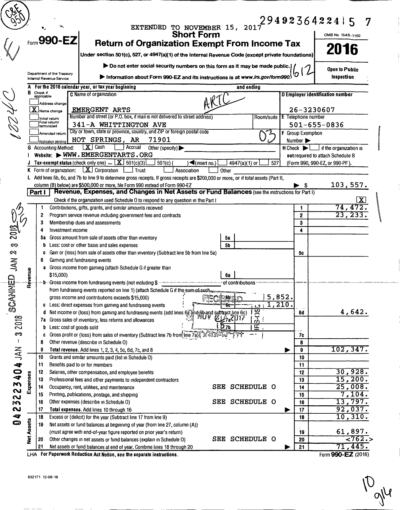 Image of first page of 2016 Form 990EZ for Artchurch Studio