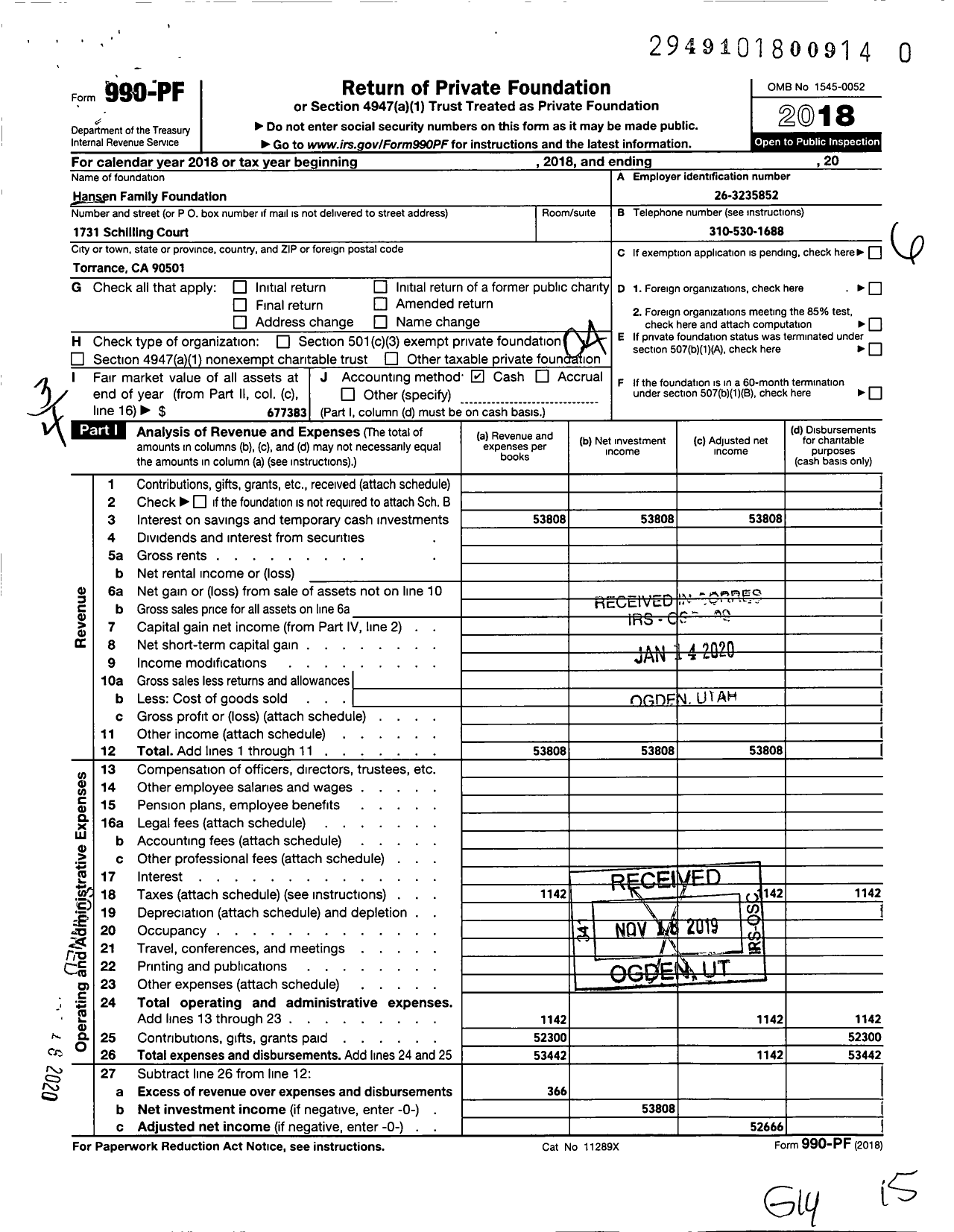 Image of first page of 2018 Form 990PR for Hansen Family Foundation