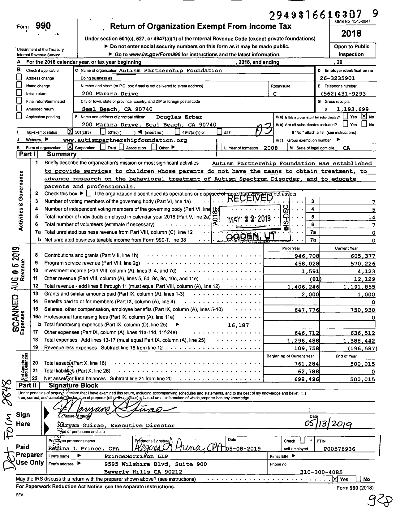 Image of first page of 2018 Form 990 for Autism Partnership Foundation