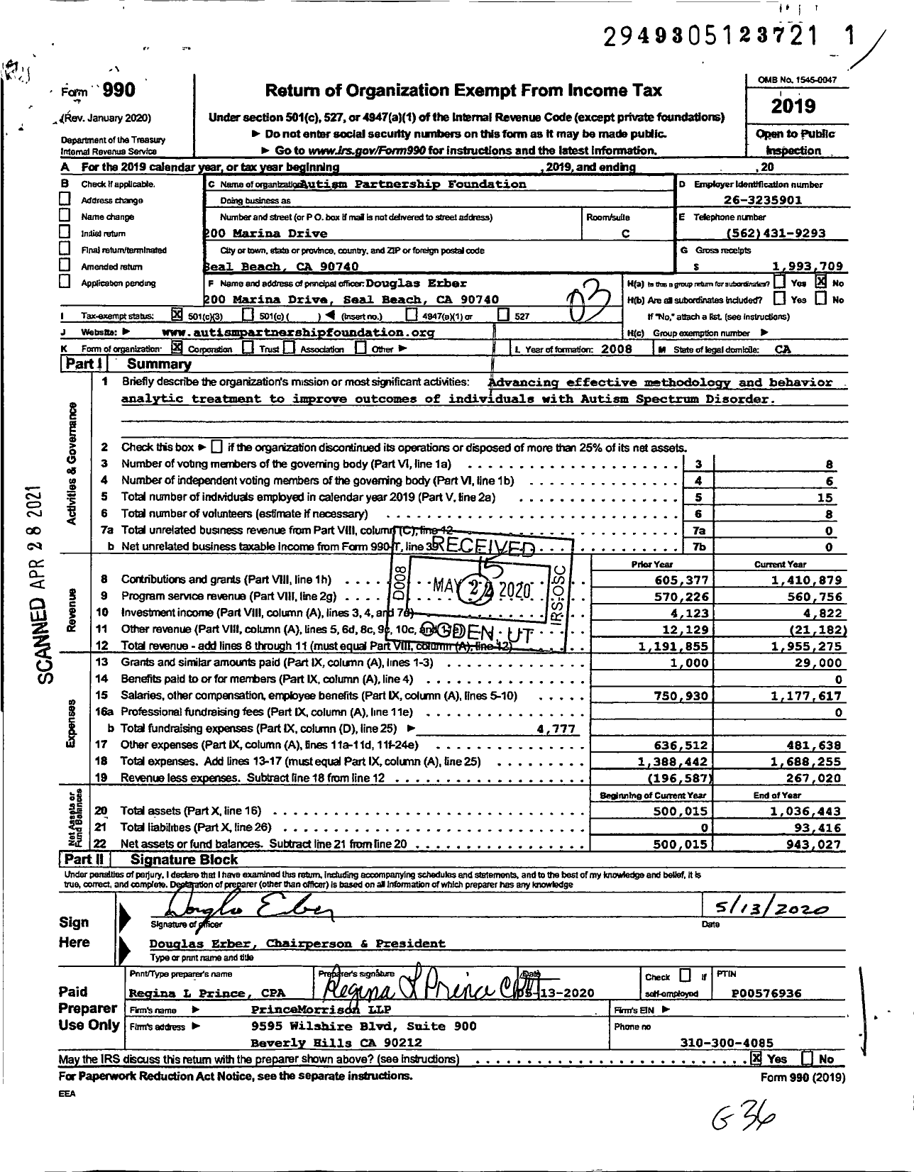 Image of first page of 2019 Form 990 for Autism Partnership Foundation