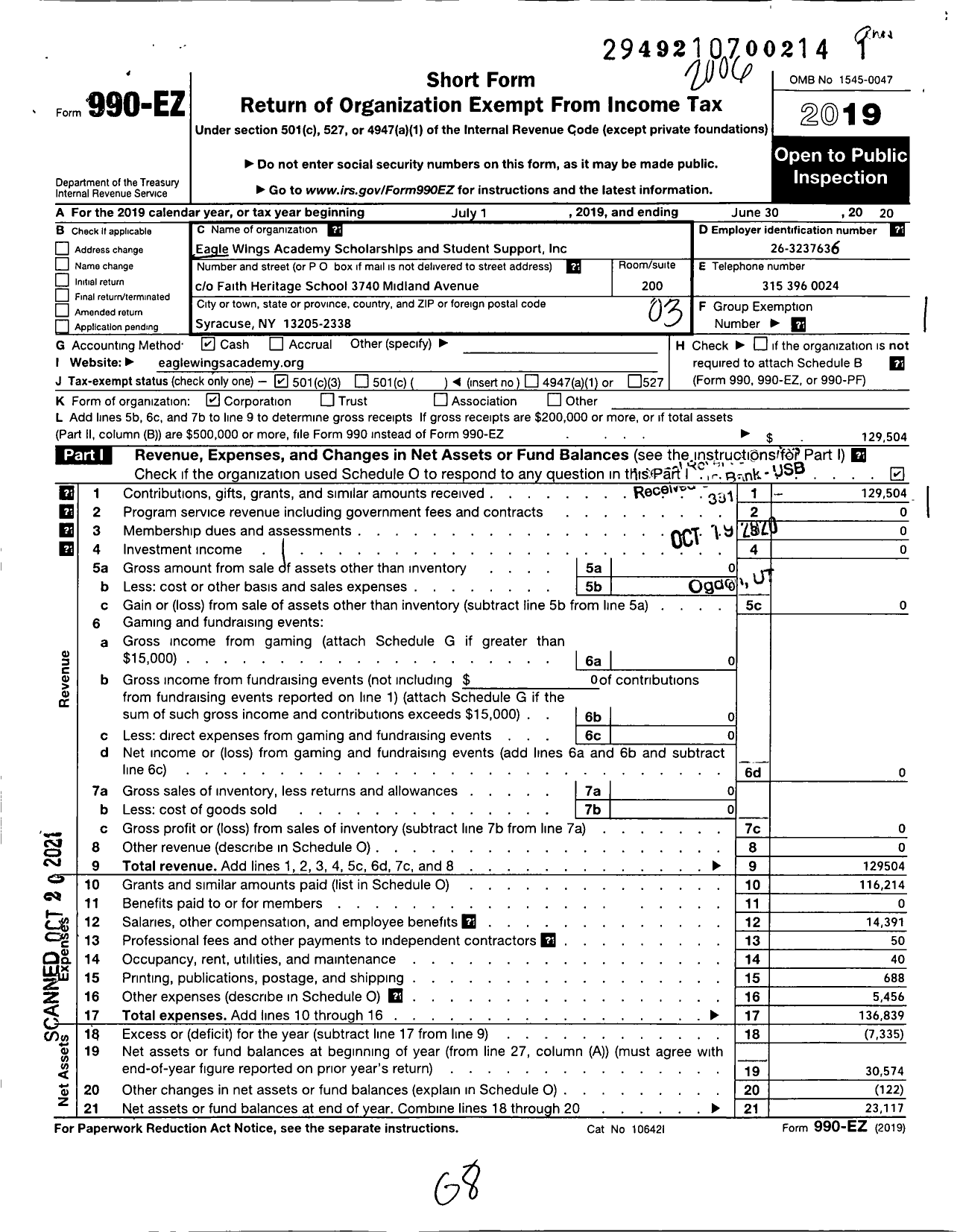 Image of first page of 2019 Form 990EZ for Eagle Wings Academy Scholarships and Student Support