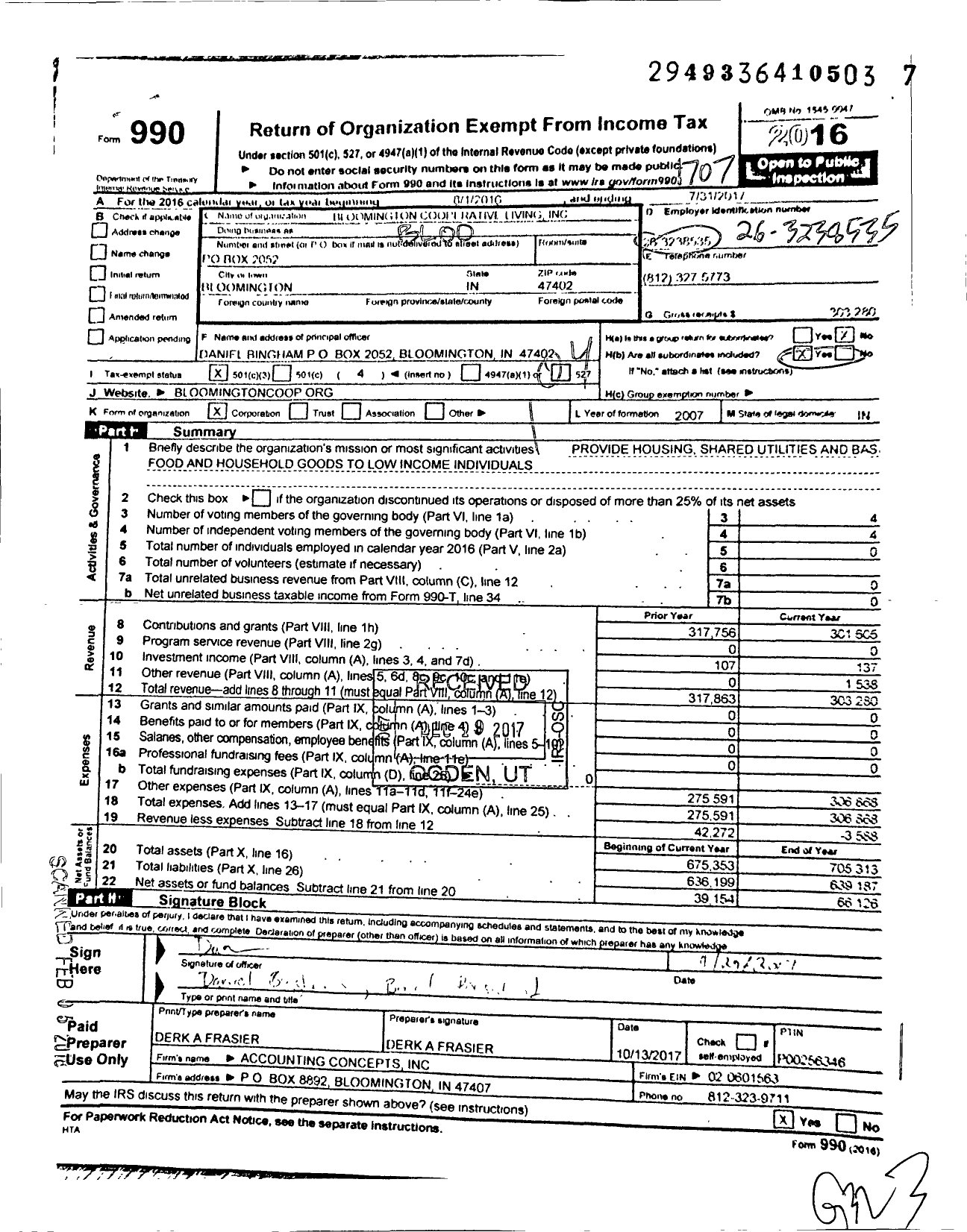 Image of first page of 2016 Form 990O for Bloomington Cooperative Living Incorporated
