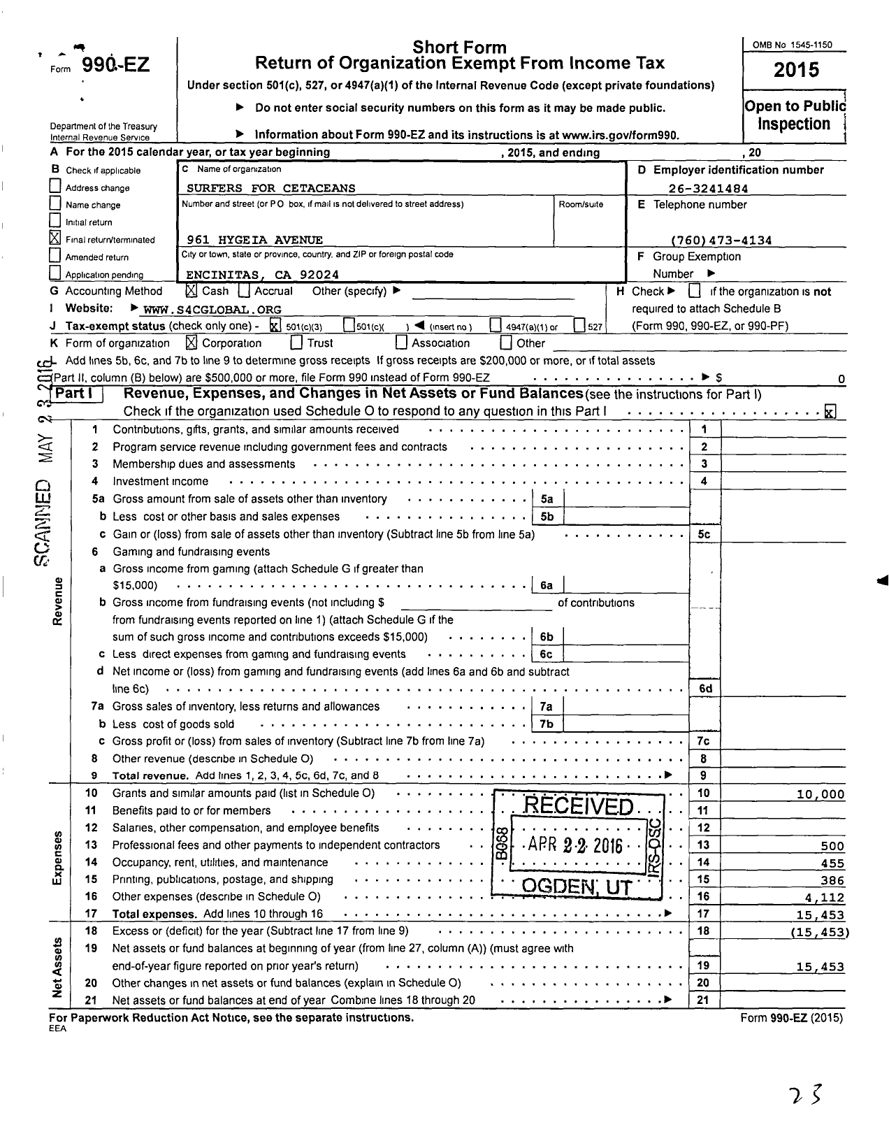 Image of first page of 2015 Form 990EZ for Surfers for Cetaceans