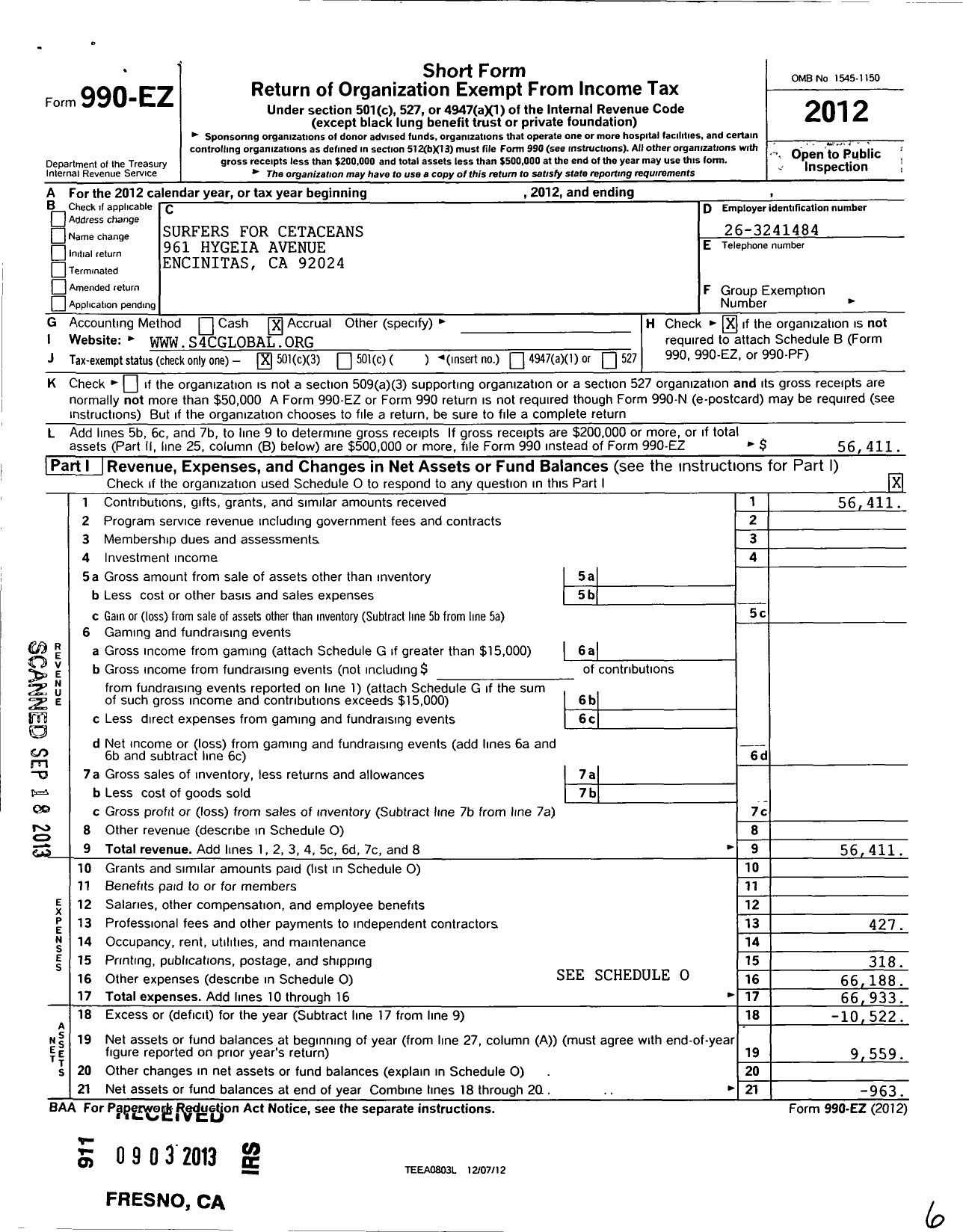 Image of first page of 2012 Form 990EZ for Surfers for Cetaceans