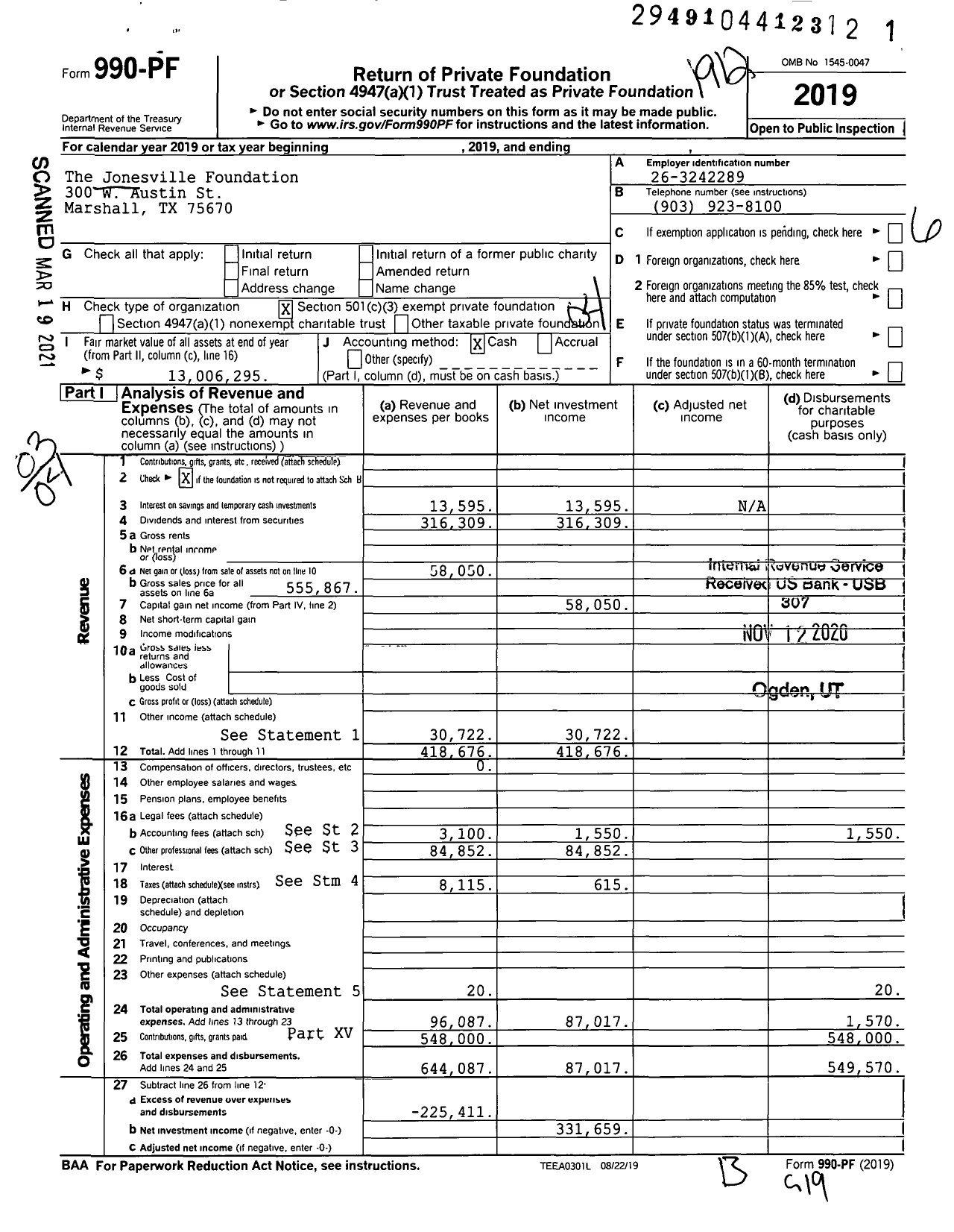 Image of first page of 2019 Form 990PF for Jonesville Foundation